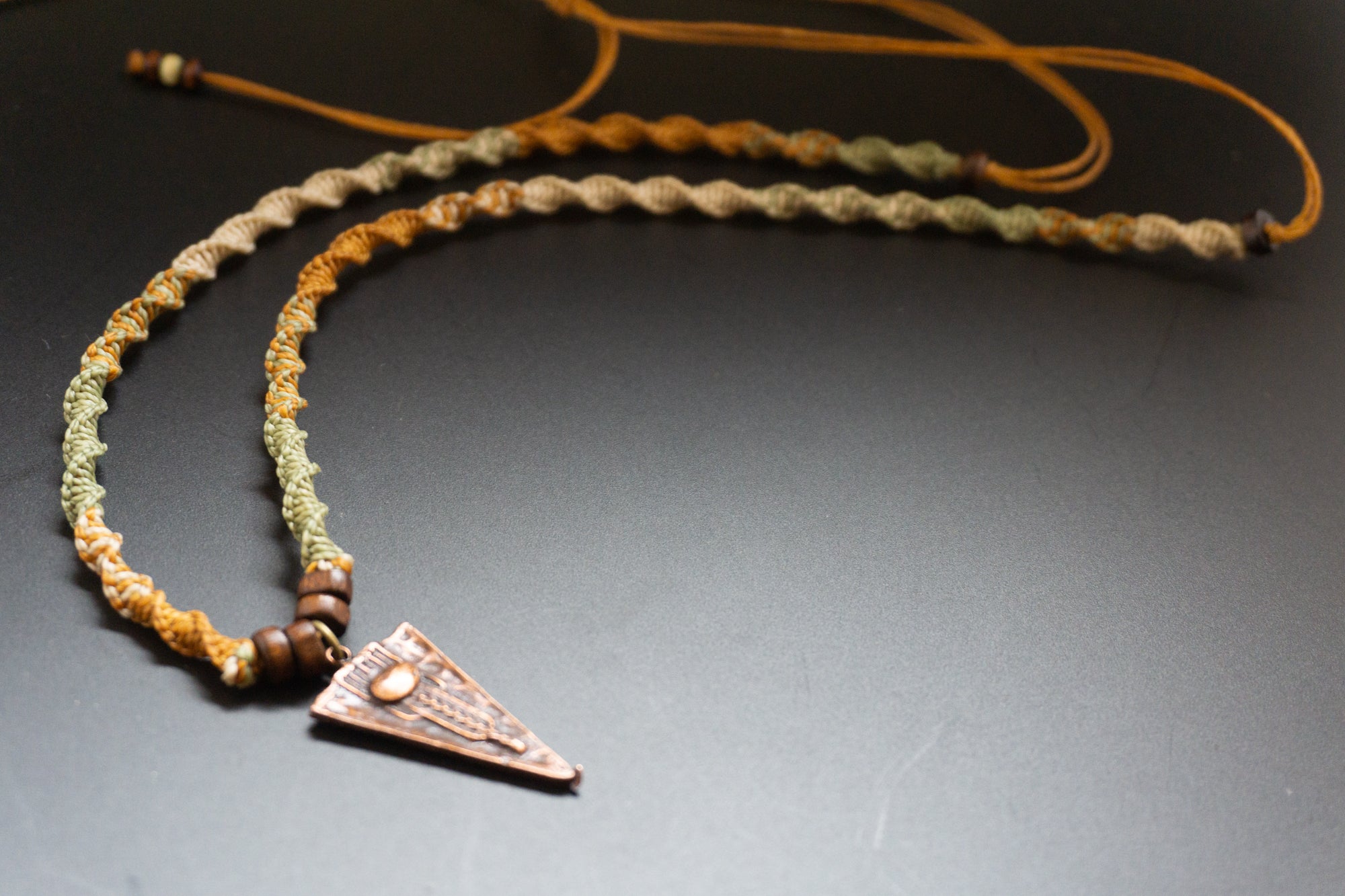 colorful macrame necklace with tribal copper pendant- wander jewellery