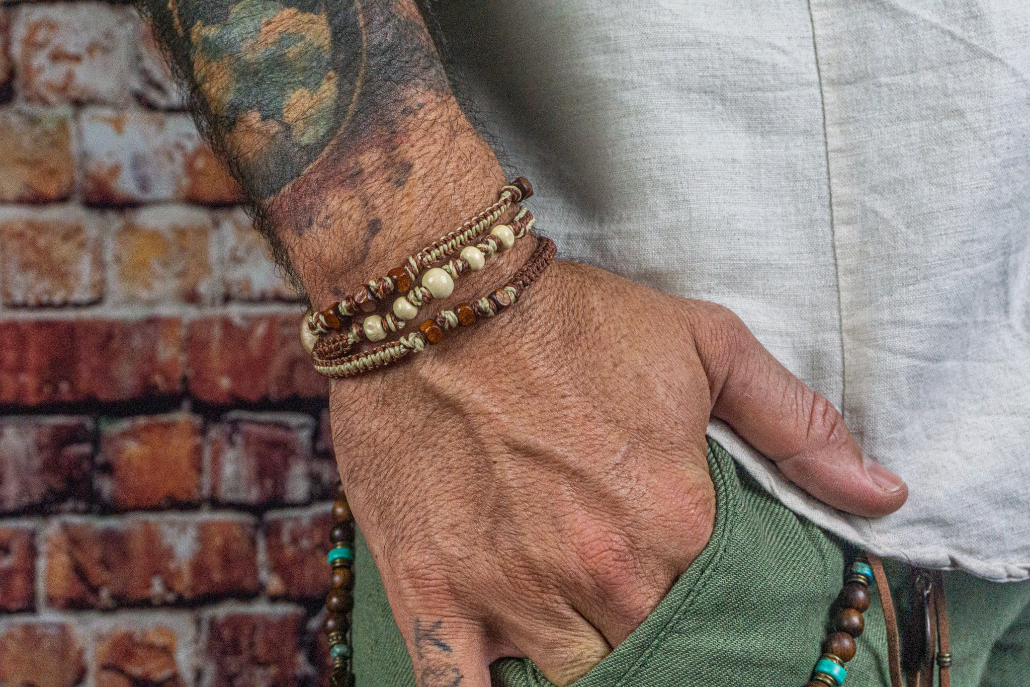 mens macrame woven wrap bracelet with wood beads- wander jewellery