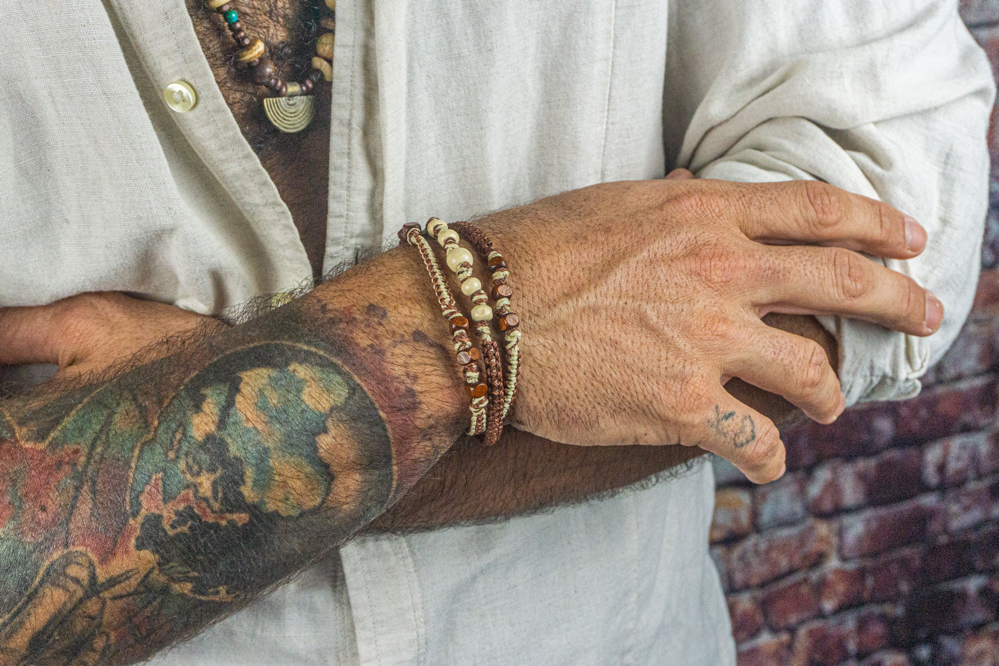 mens woven wrap bracelet with wooden beads- wander jewellery