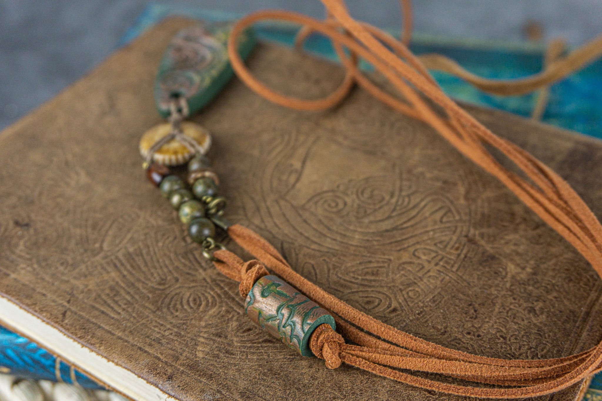 mens faux leather long necklace with handmade polymer clay green pendant and wooden  details- wander jewellery