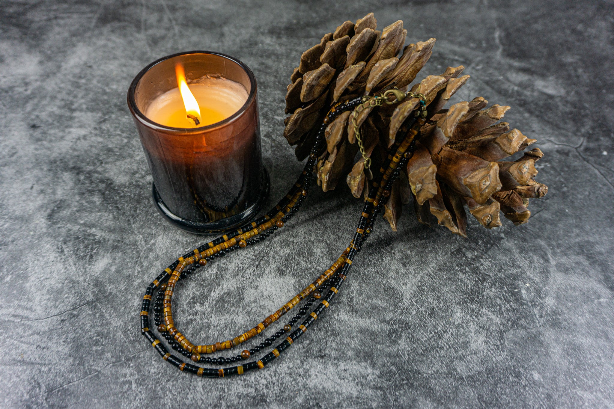 triple choker necklace set made of tiger eye and onyx gemstone beads- wander jewellery