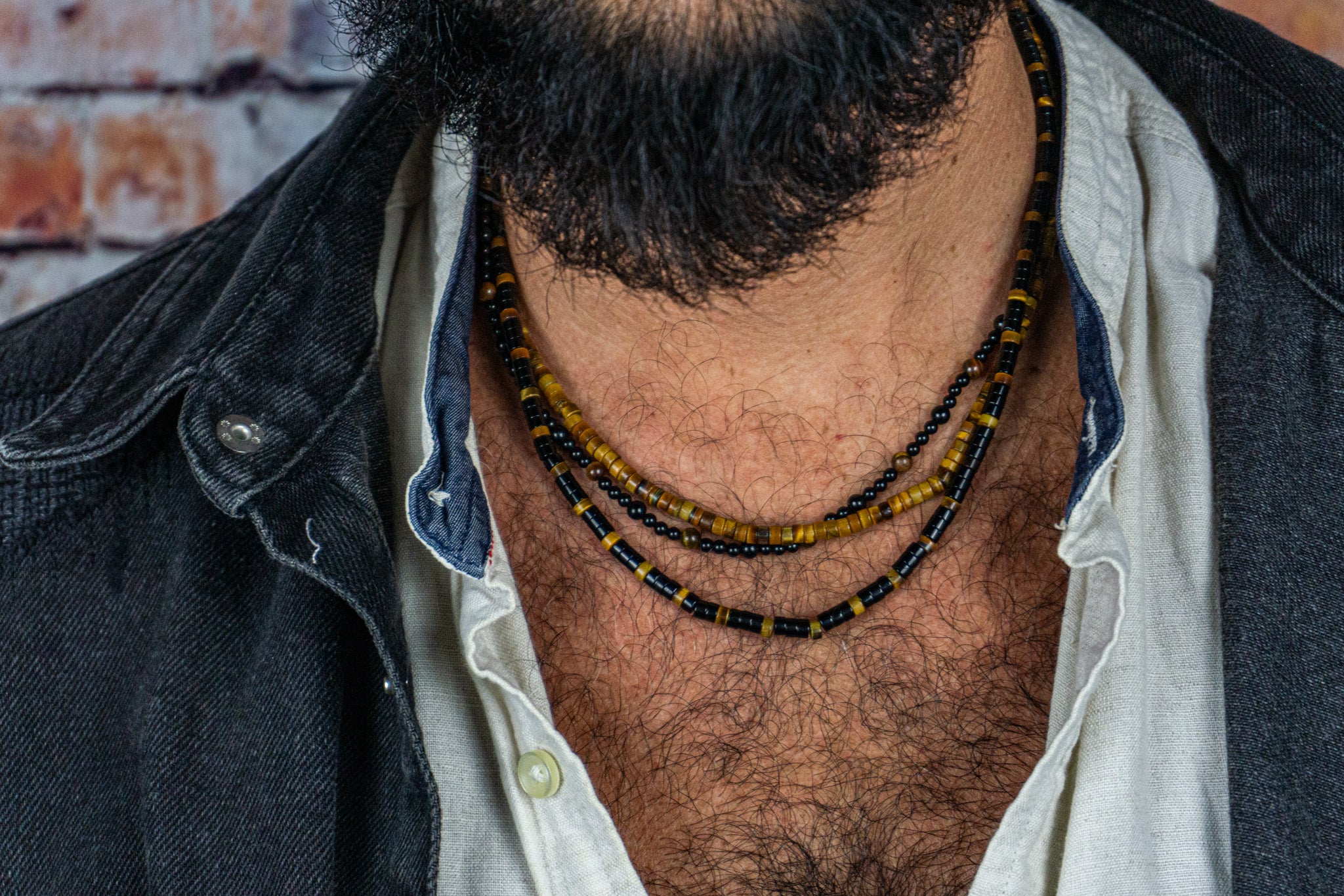 mens triple choker necklace set made of tiger eye and onyx gemstone beads- wander jewellery