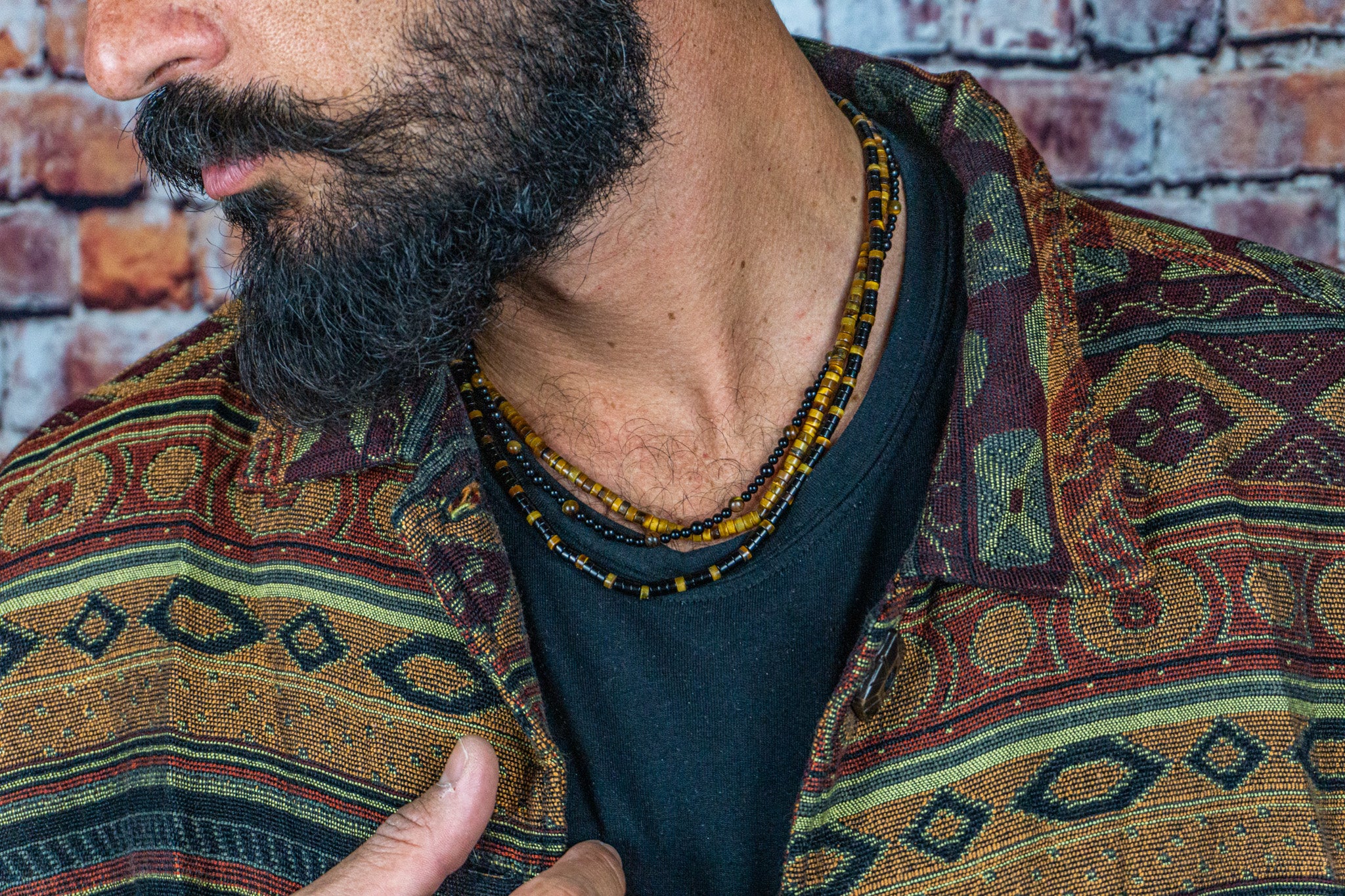 mens triple necklace set made of tiger eye and black onyx gemstone beads- wander jewellery