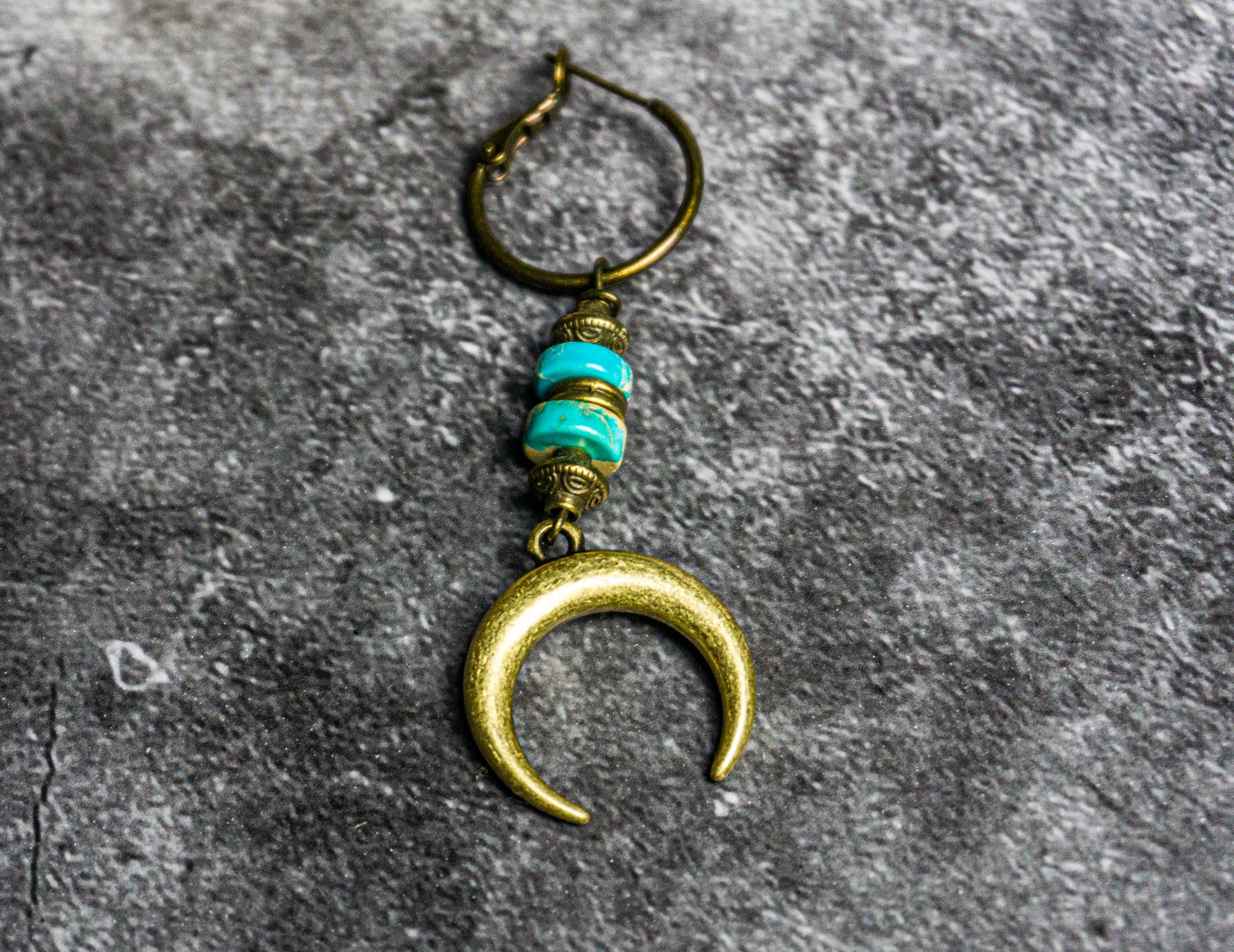 bronze hoop earring wit turquise gemstones and a crescent moon dangle charm- wander jewellery