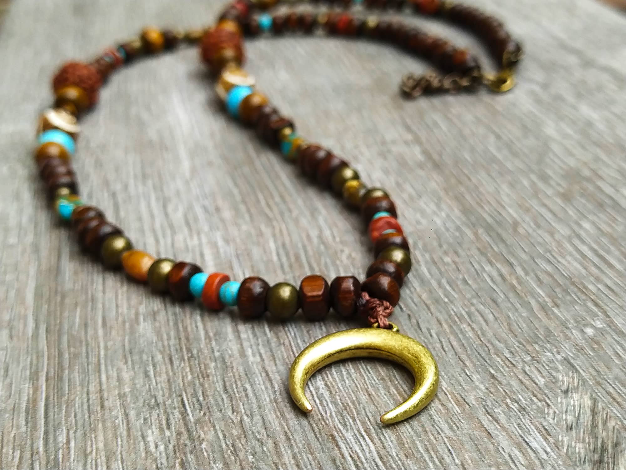 mens wooden bead and gemstone necklace woth rudraksha and a moon pendant- wander jewellery