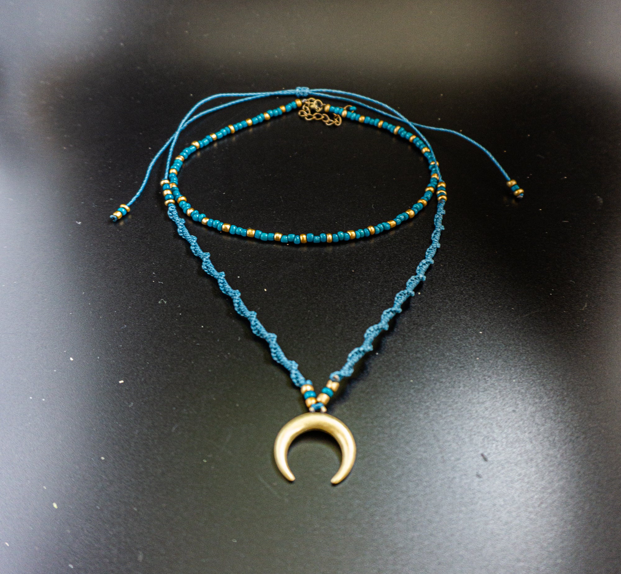 turquoise beaded and macrame necklace set with golden moon pendant- wander jewellery
