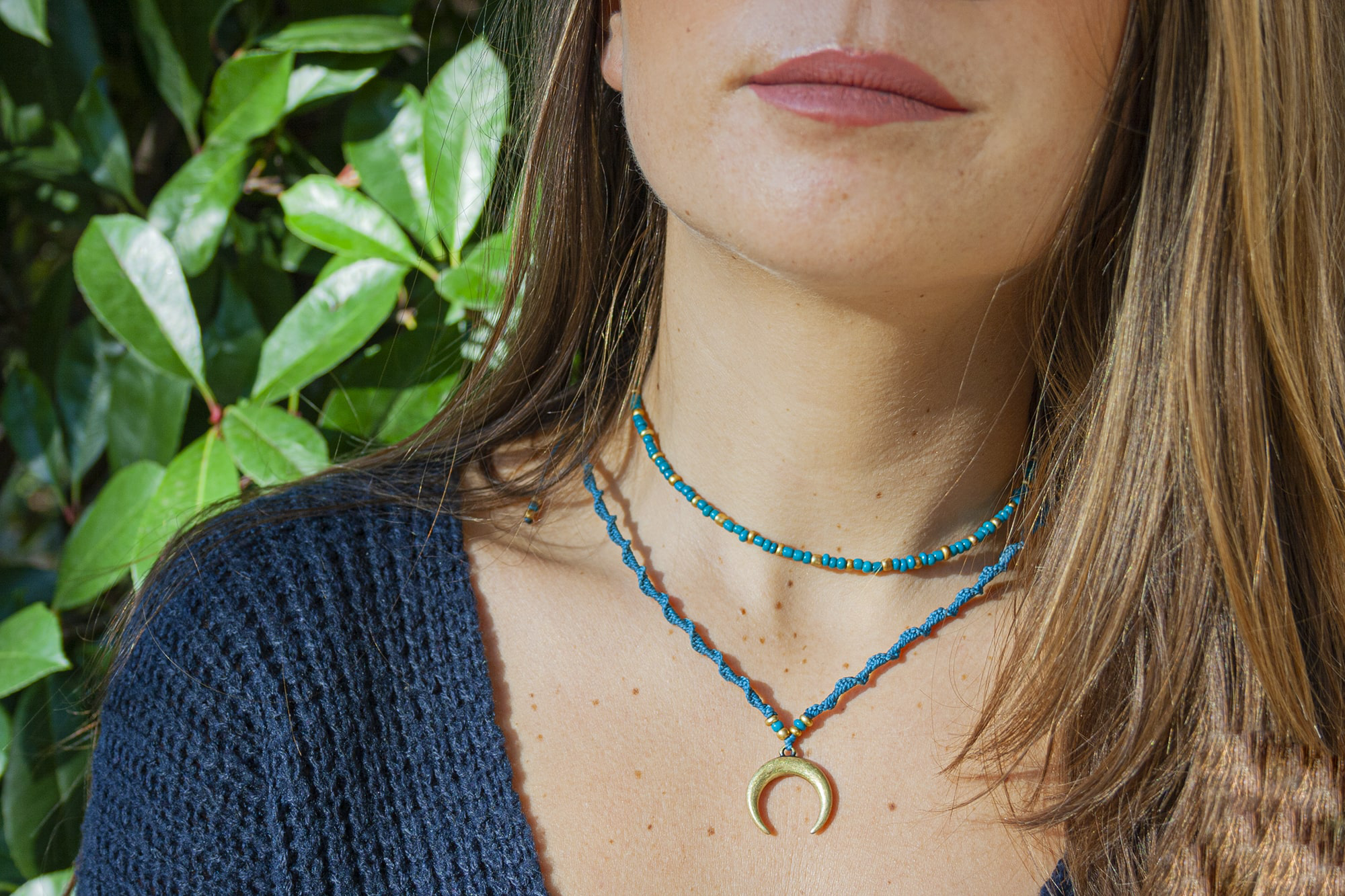 womens turquoise beaded and macrame necklace set with golden moon pendant- wander jewellery
