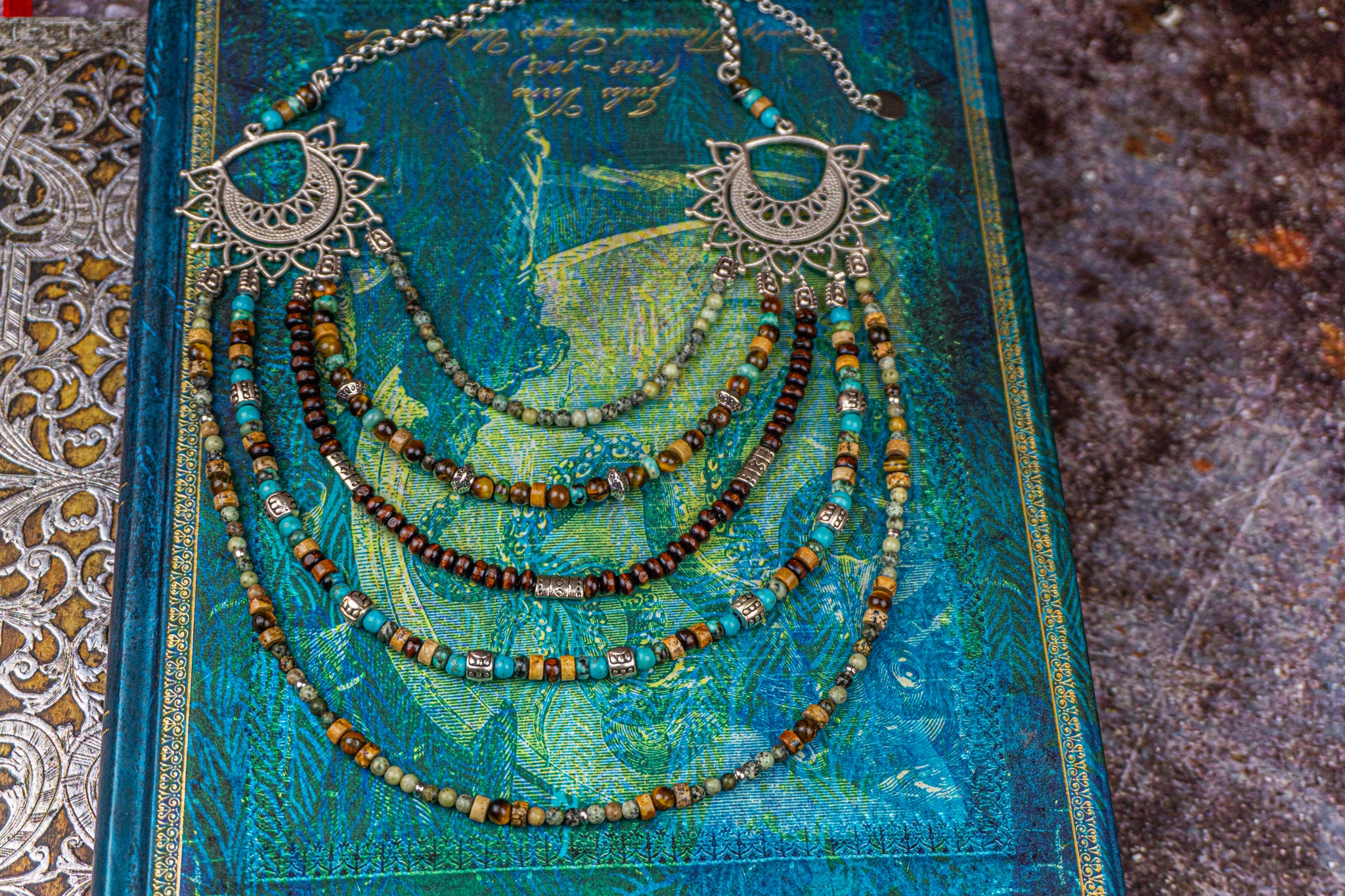 statement multi layered gemstone and wooden beads necklace- wander jewelry