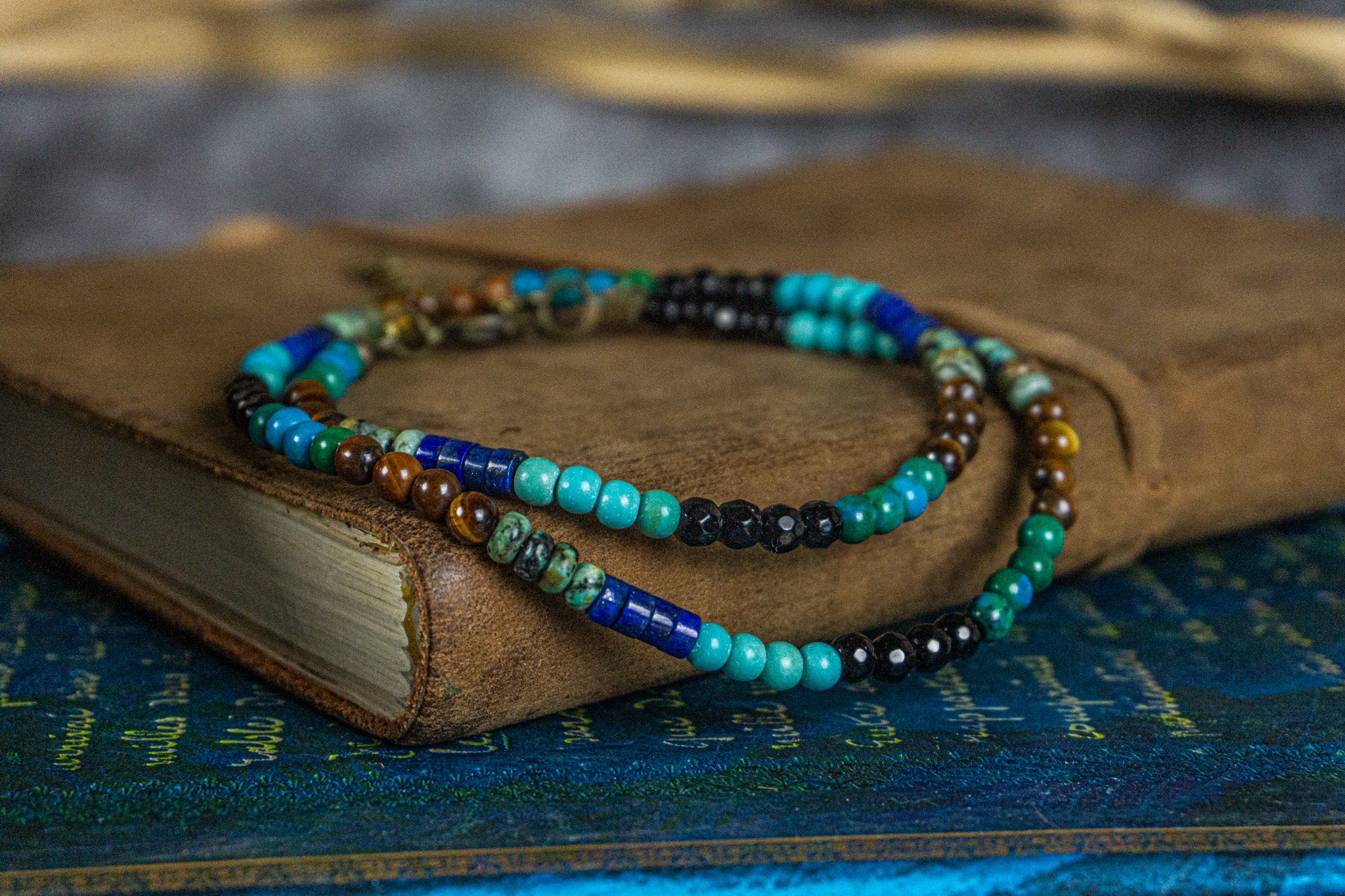  choker necklace made of tuquoise, jade, green jasper, lapis lazuli heishi beads, black onyx and tiger eye 4mm gemstone beads- wander jewellery