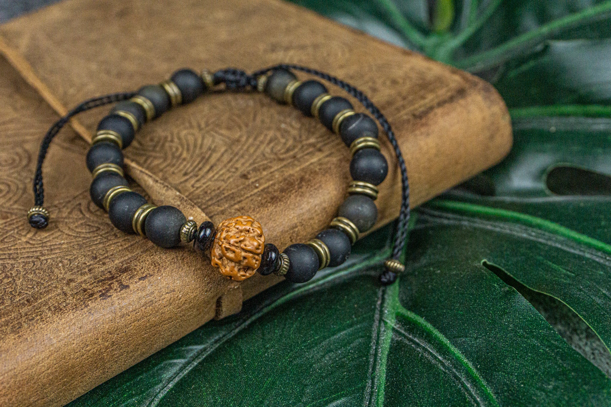 black golden obsidian bracelet with rudraksha seed- wander jewellery