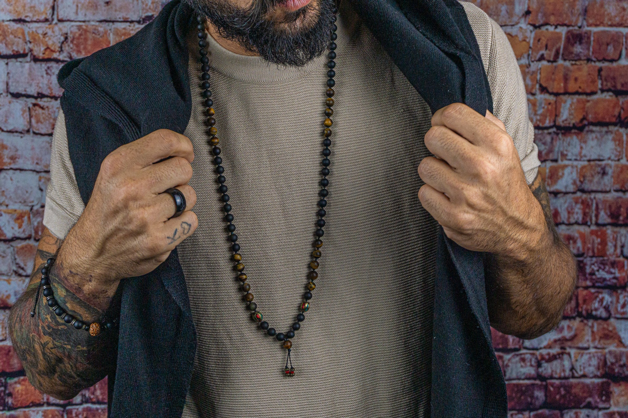 mens long mala necklace made of obsidian and tiger eye gemstones, with tibetan beads - wander jewellery