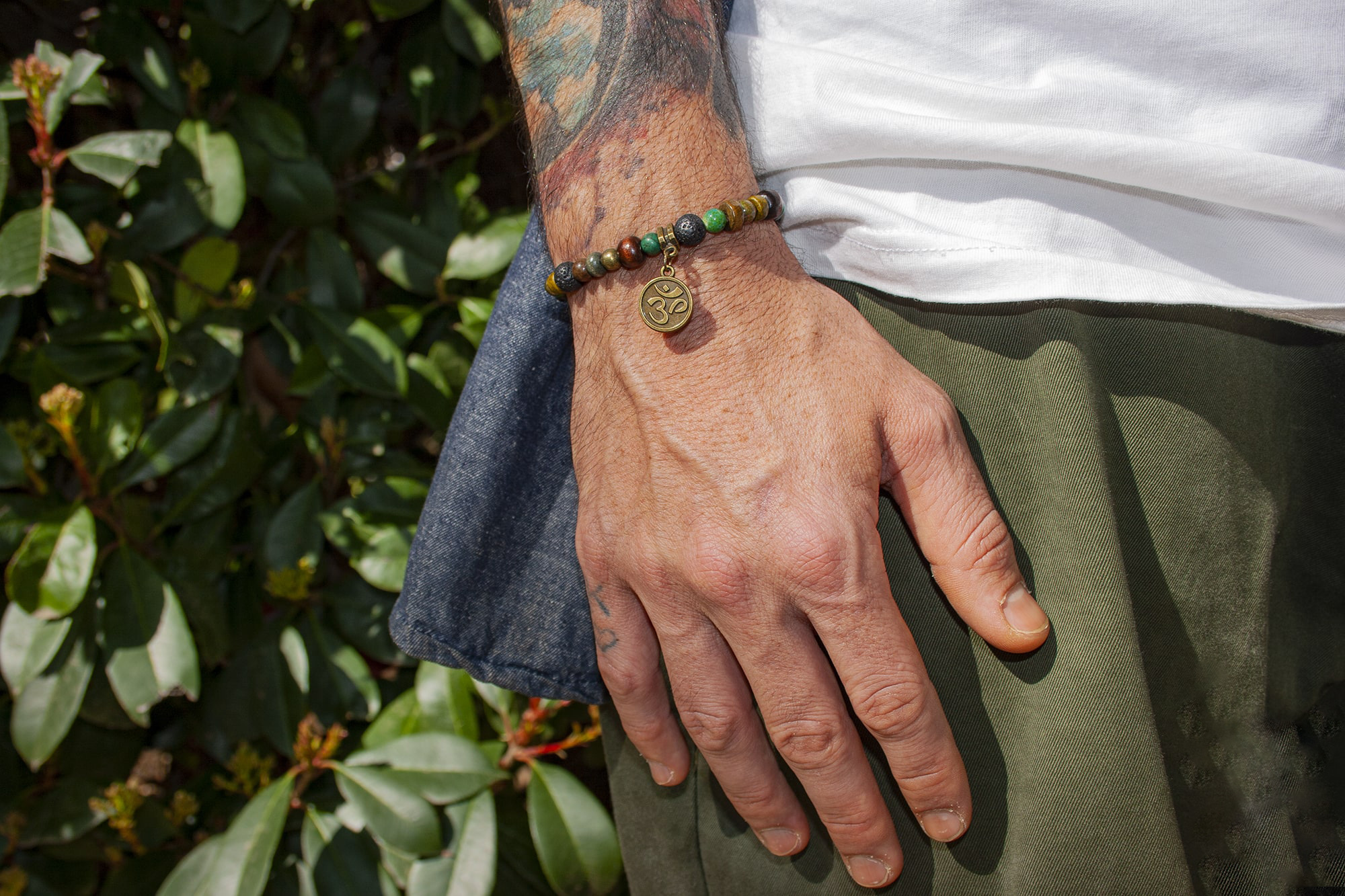 mens wood, lava stone and green jade beaded bracelet with om chams- wander jewellery
