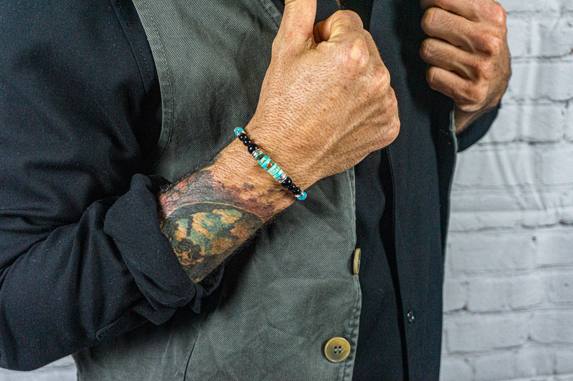 mens black onyx and imperial jasper turquoise beaded bracelet- wander jewellery