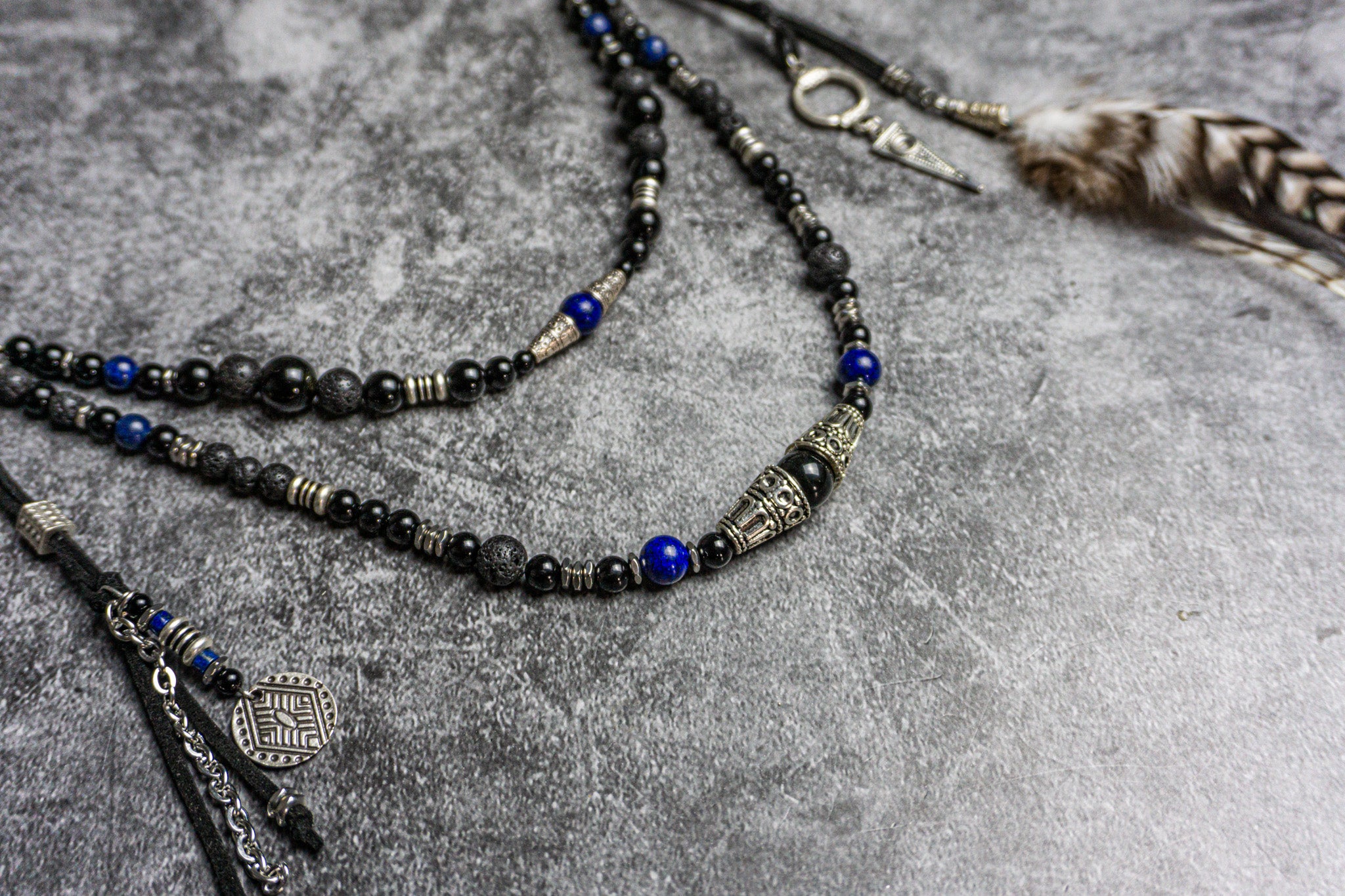 black onyx lava and lapis lazuli layered boho pants chain with charms