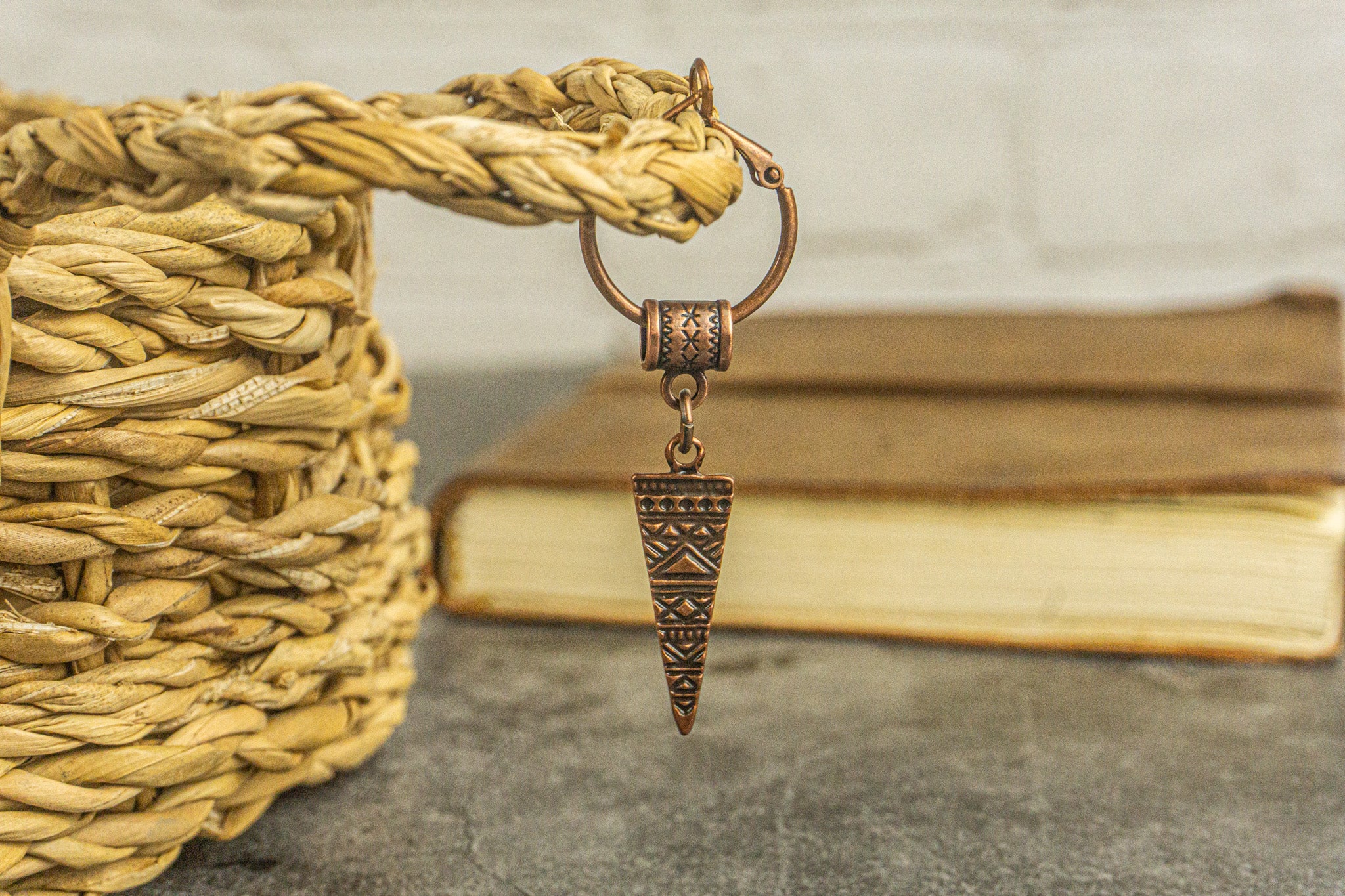 mens copper hoop earring with tribal engraved dangle charm. wander jewellery