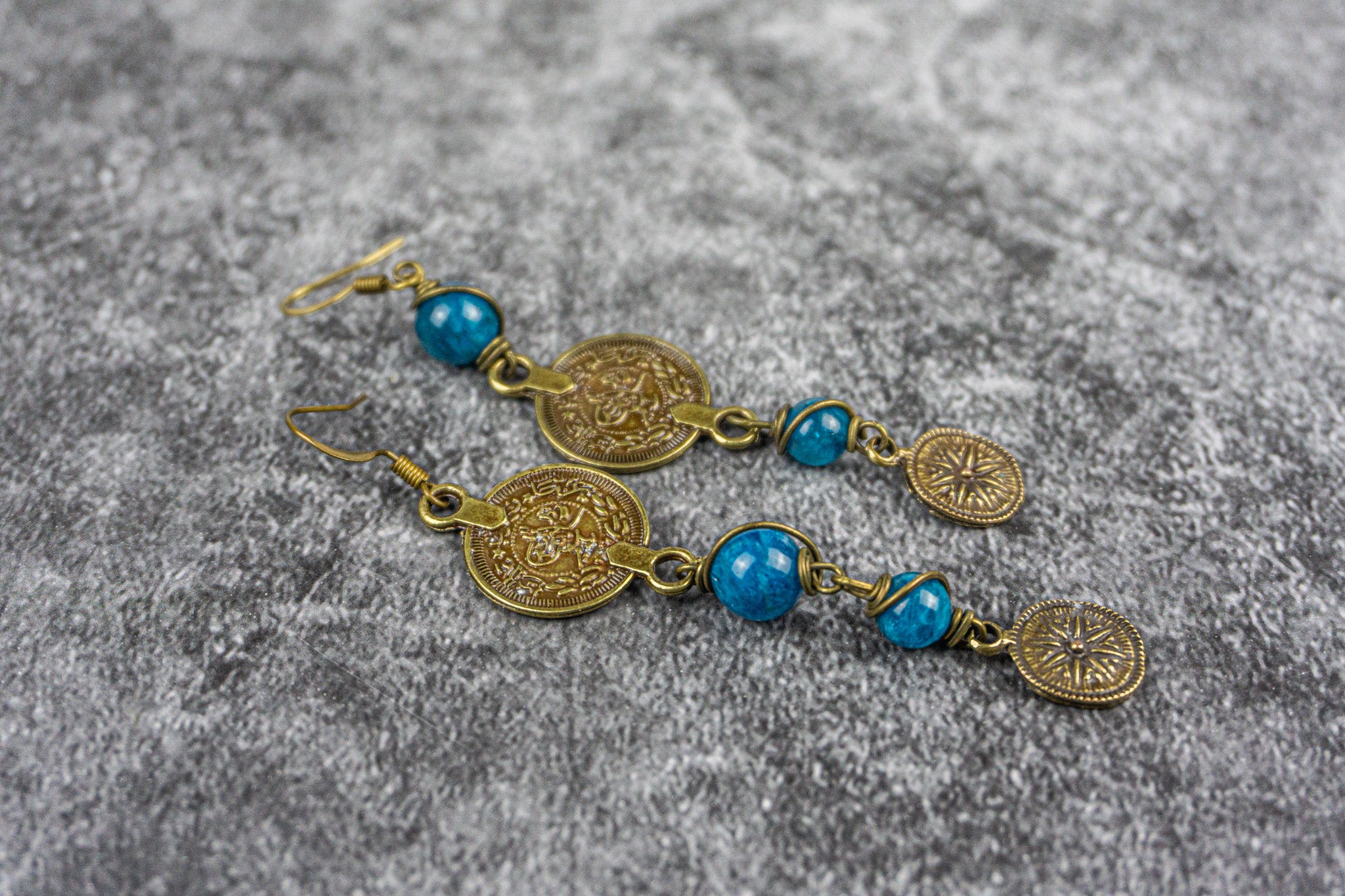 Asymmetric matching boho chic earrings with antique bronze coins and Apatite stones- wander jewellery