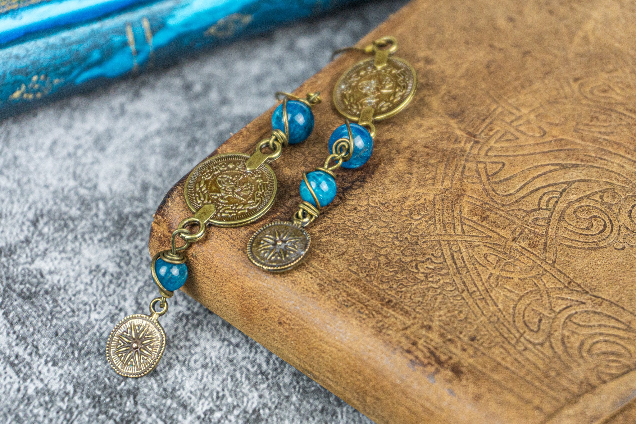 Asymmetric matching boho chic earrings with antique bronze coins and Apatite gemstones- wander jewellery