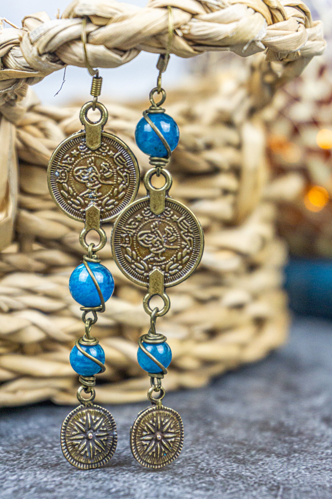 Asymmetric boho chic earrings with antique bronze coins and Apatite gemstones- wander jewellery