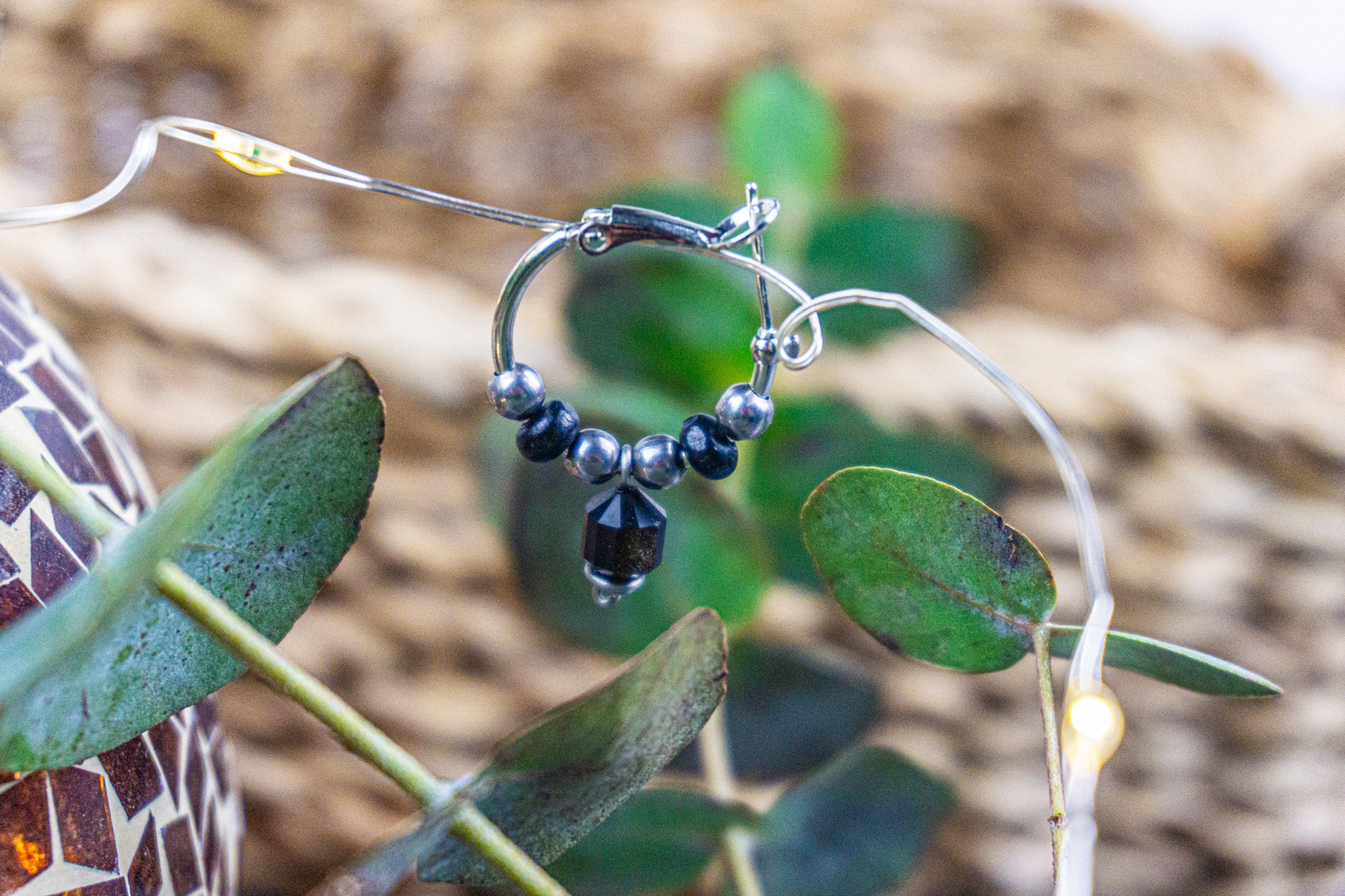 silver beaded earring with golden obsidian dangle gemstone- wander jewellery