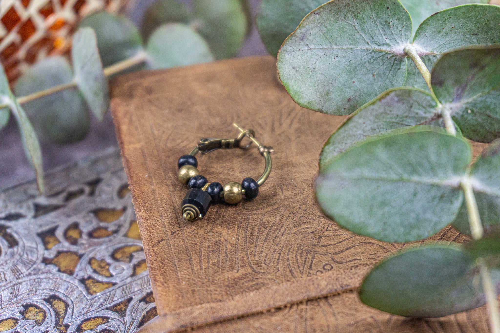 hoop earring with wooden bead and golden obsidian gemstone - wander jewellery