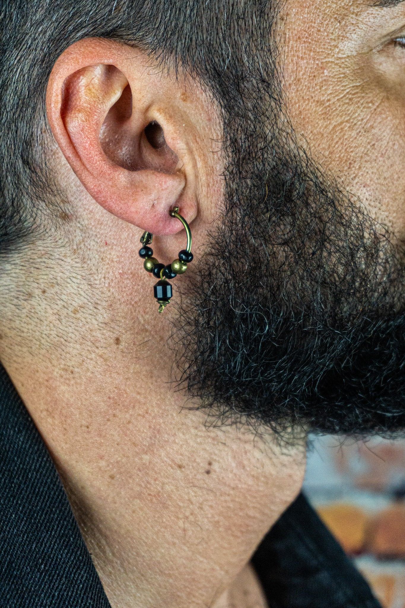 mens bronze hoop earring with black wooden bead and golden obsidian  gemstone - wander jewellery