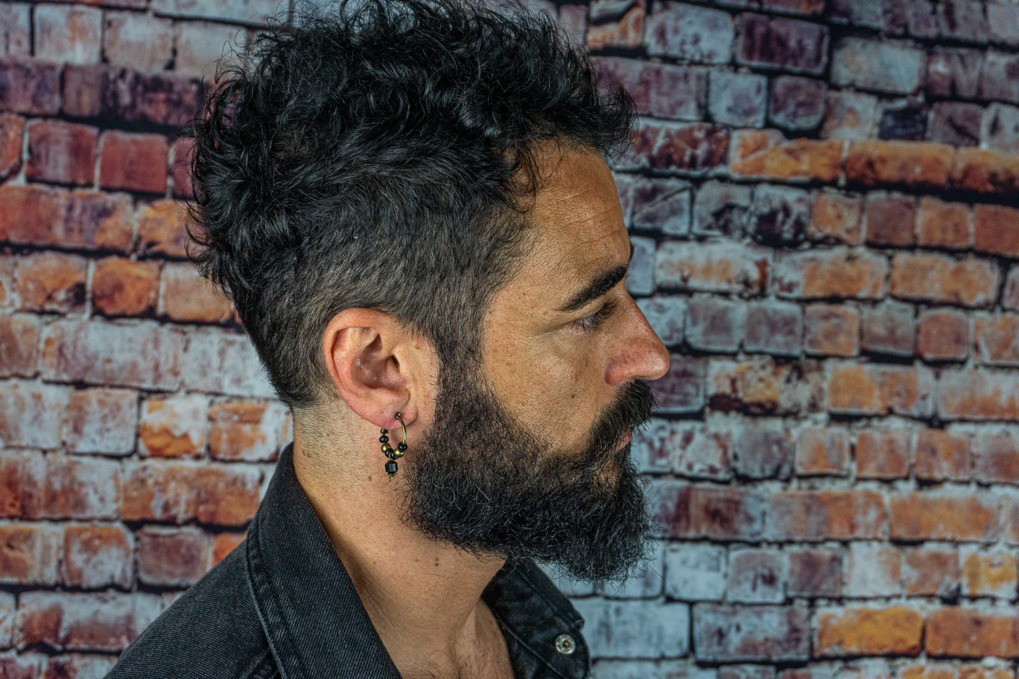 mens hoop earring with black wooden bead and golden obsidian  gemstone - wander jewellery