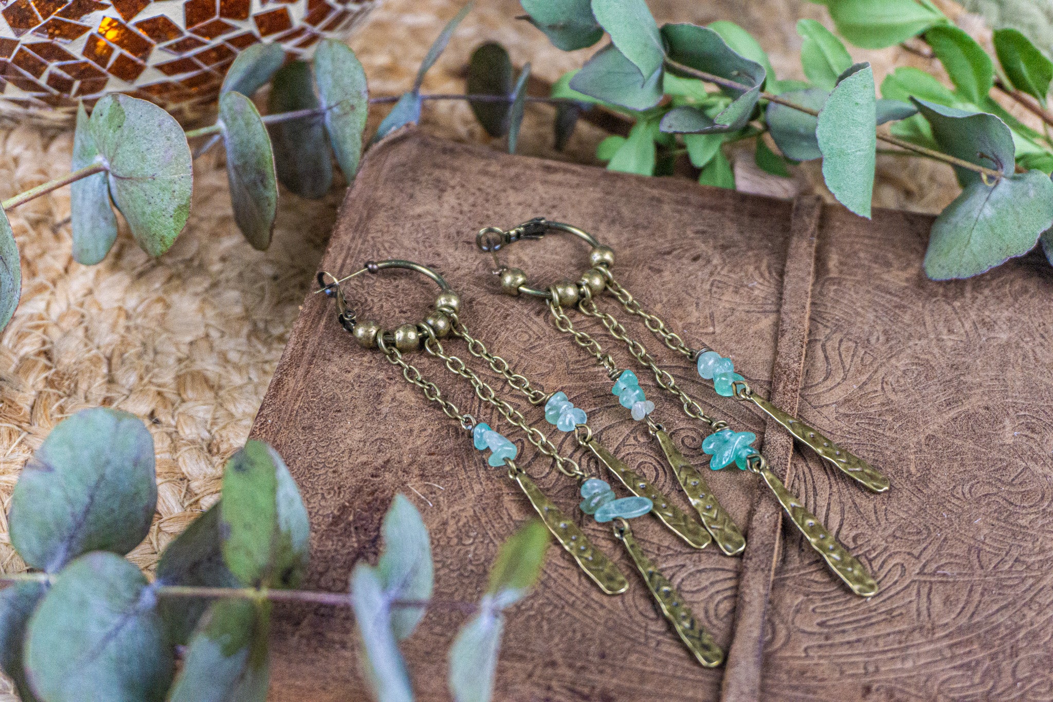 boho chic long chain dangle earring with amazonite chips beads gemstone- wanderjewellery