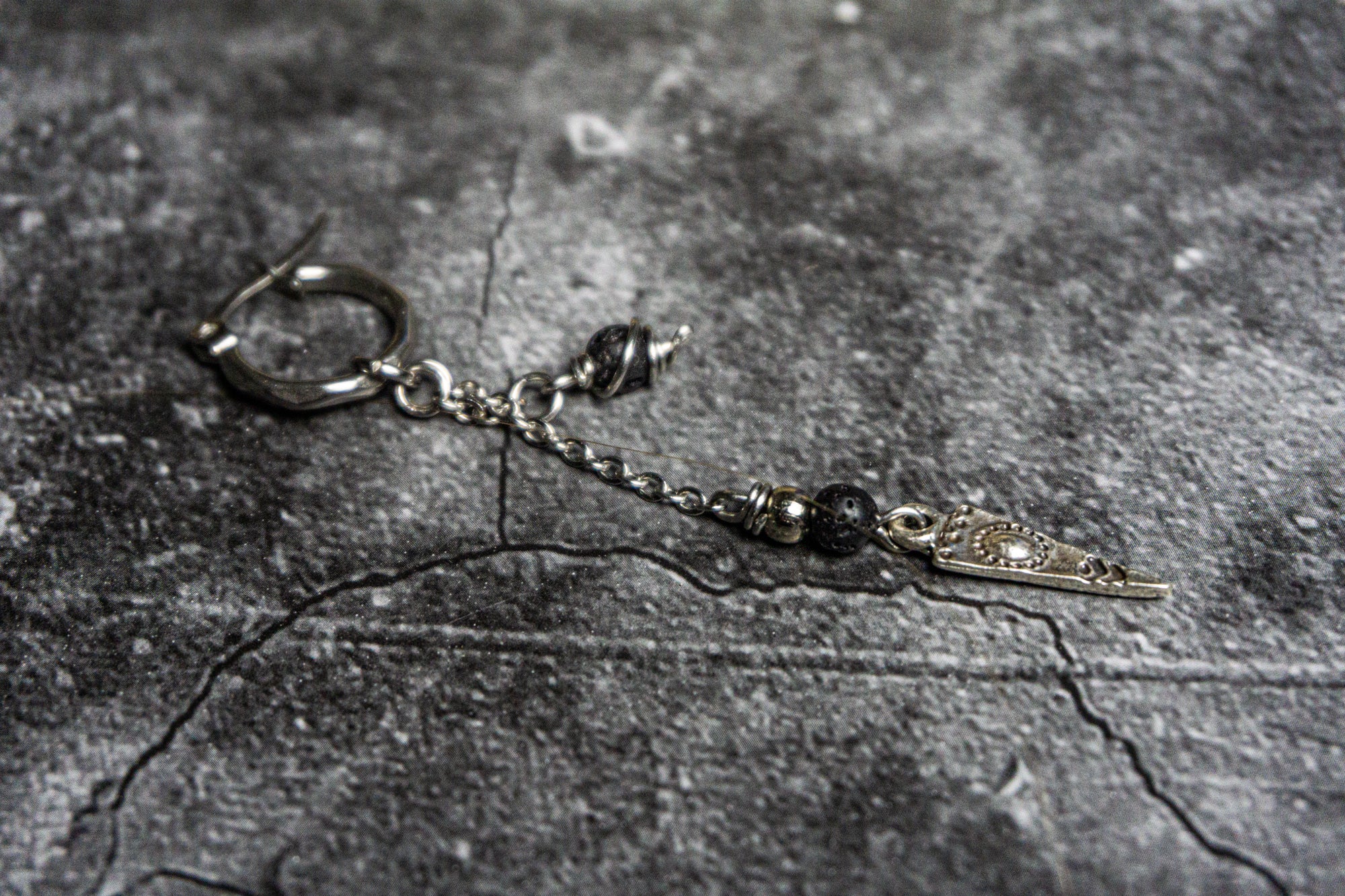 double chain stainless steel hoop earring with lava stone and dangle trangle- wander jewellery