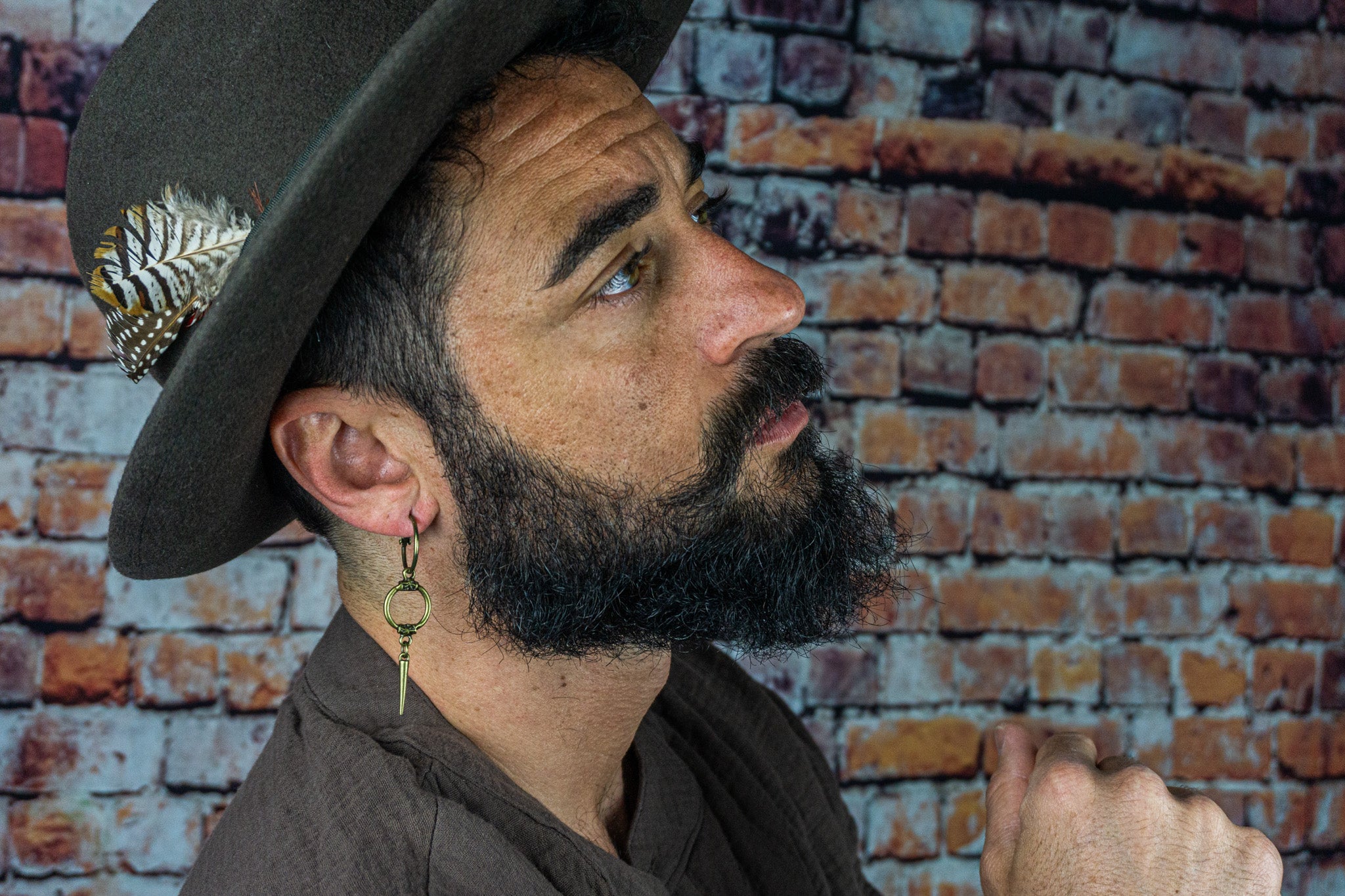 mens bronze hoop earring with long dangle spike- wander jewellery