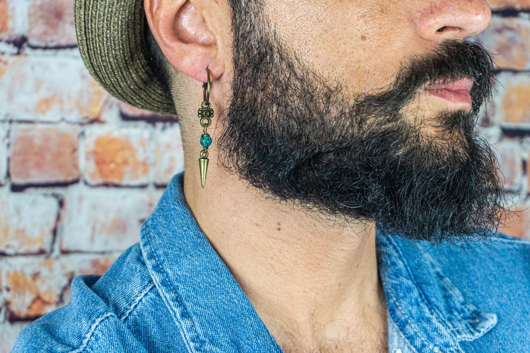 mens boho gemstone beaded spike dangle earring- wander jewellery