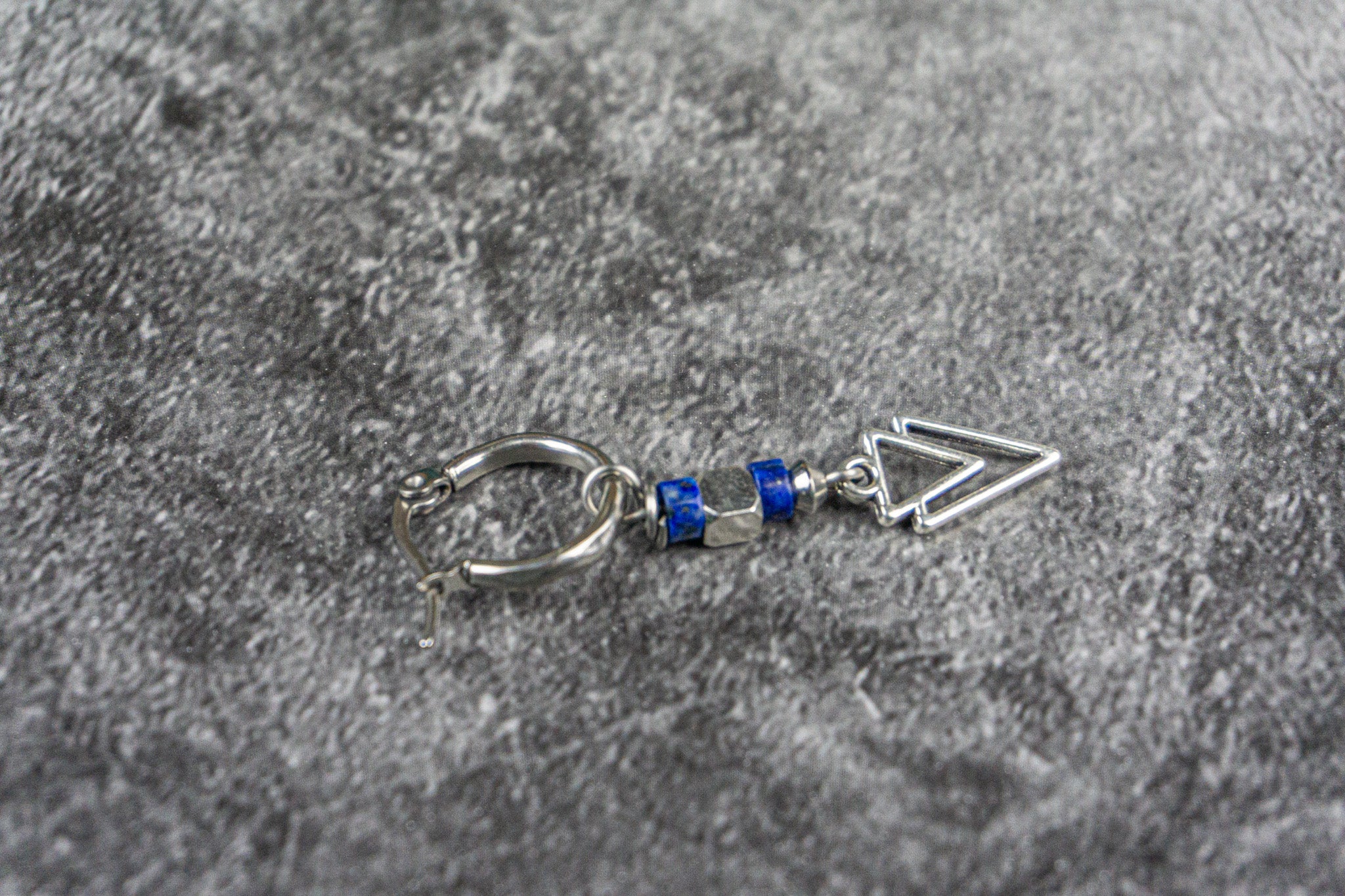 stainless steel hoop earring with lapis lazuli and dangle triangle - wander jewellery