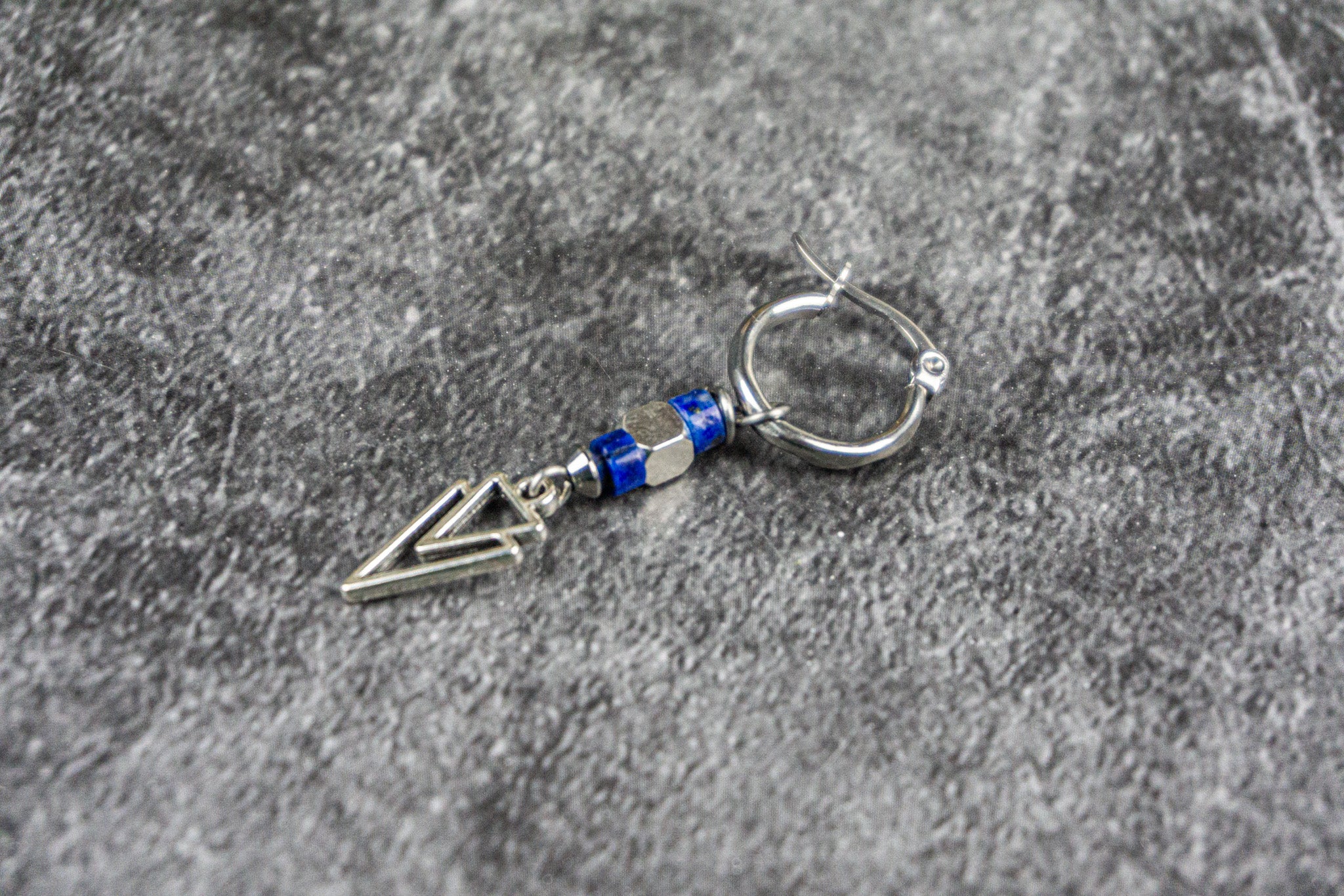 stainless steel hoop earring with lapis lazuli and dangle triangle charm- wander jewellery