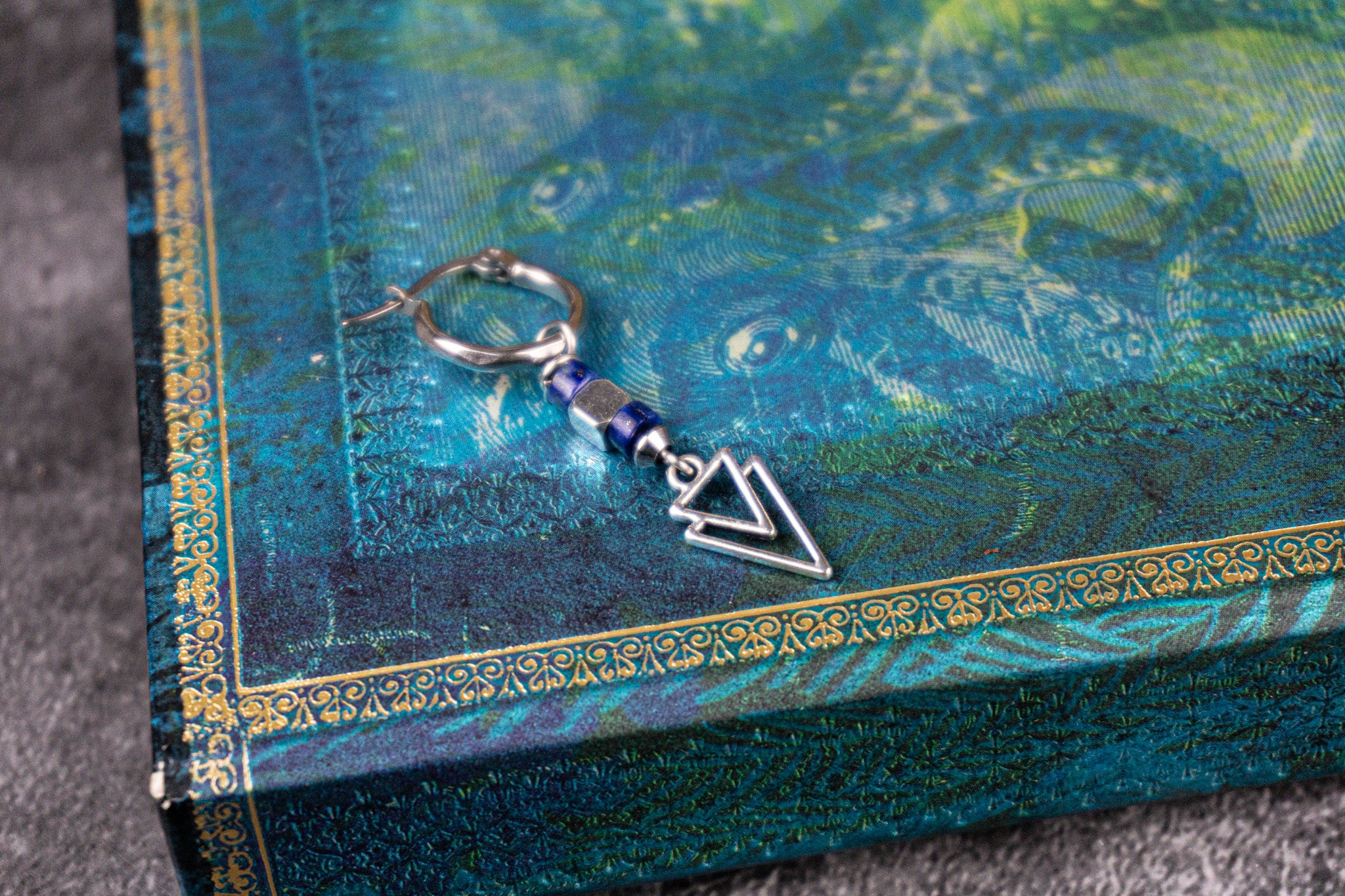 hoop earring with lapis lazuli and dangle triangle charm- wander jewellery