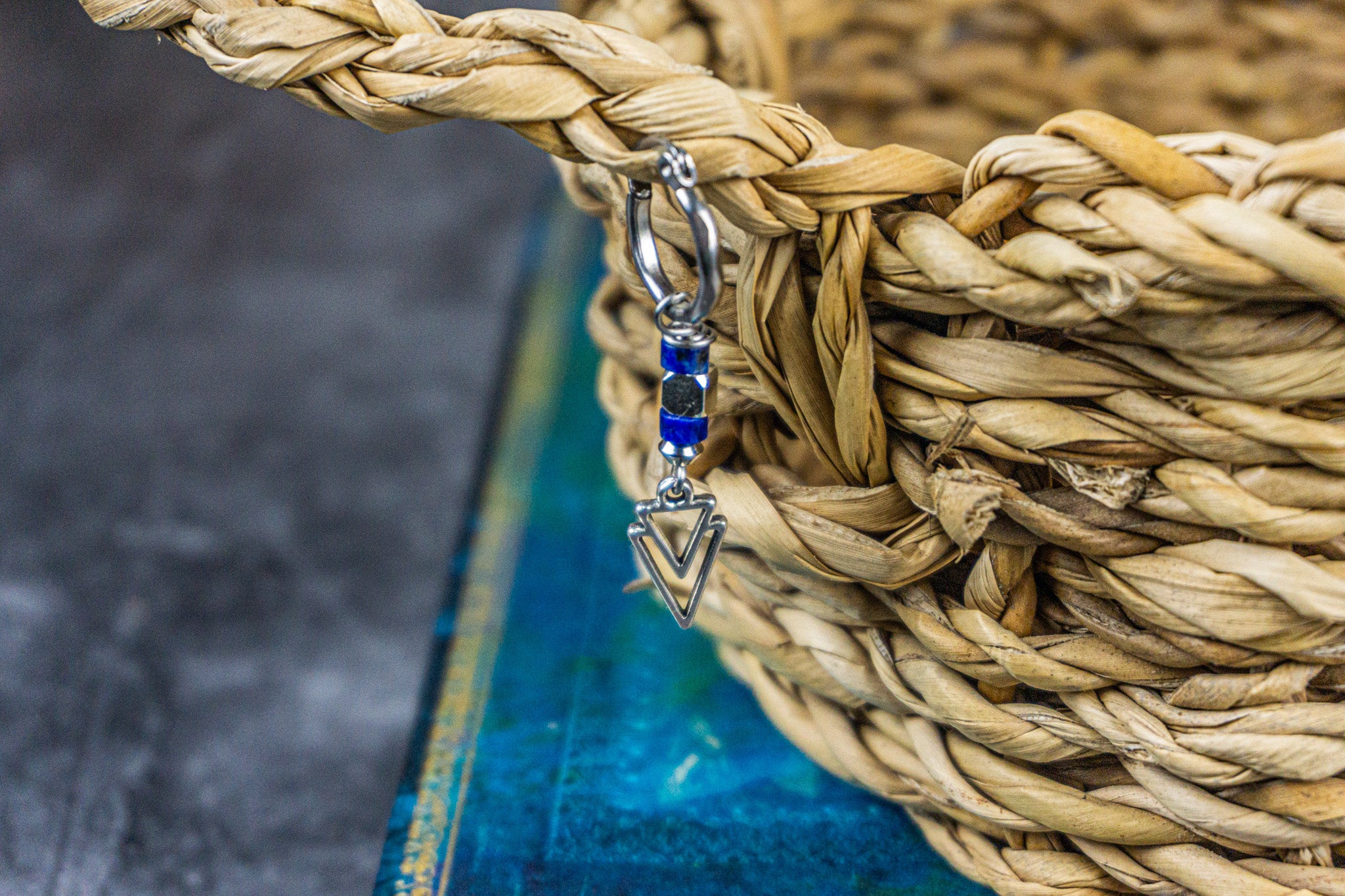 stainless steel hoop earring with lapis lazuli and dangle charm- wander jewellery