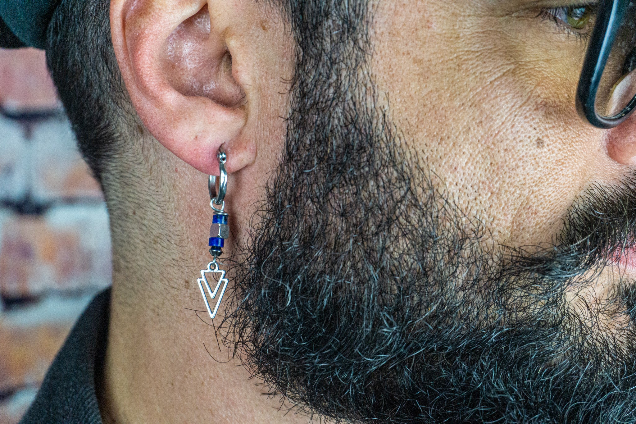 mens  hoop earring with lapis lazuli and dangle triangle charm- wander jewellery