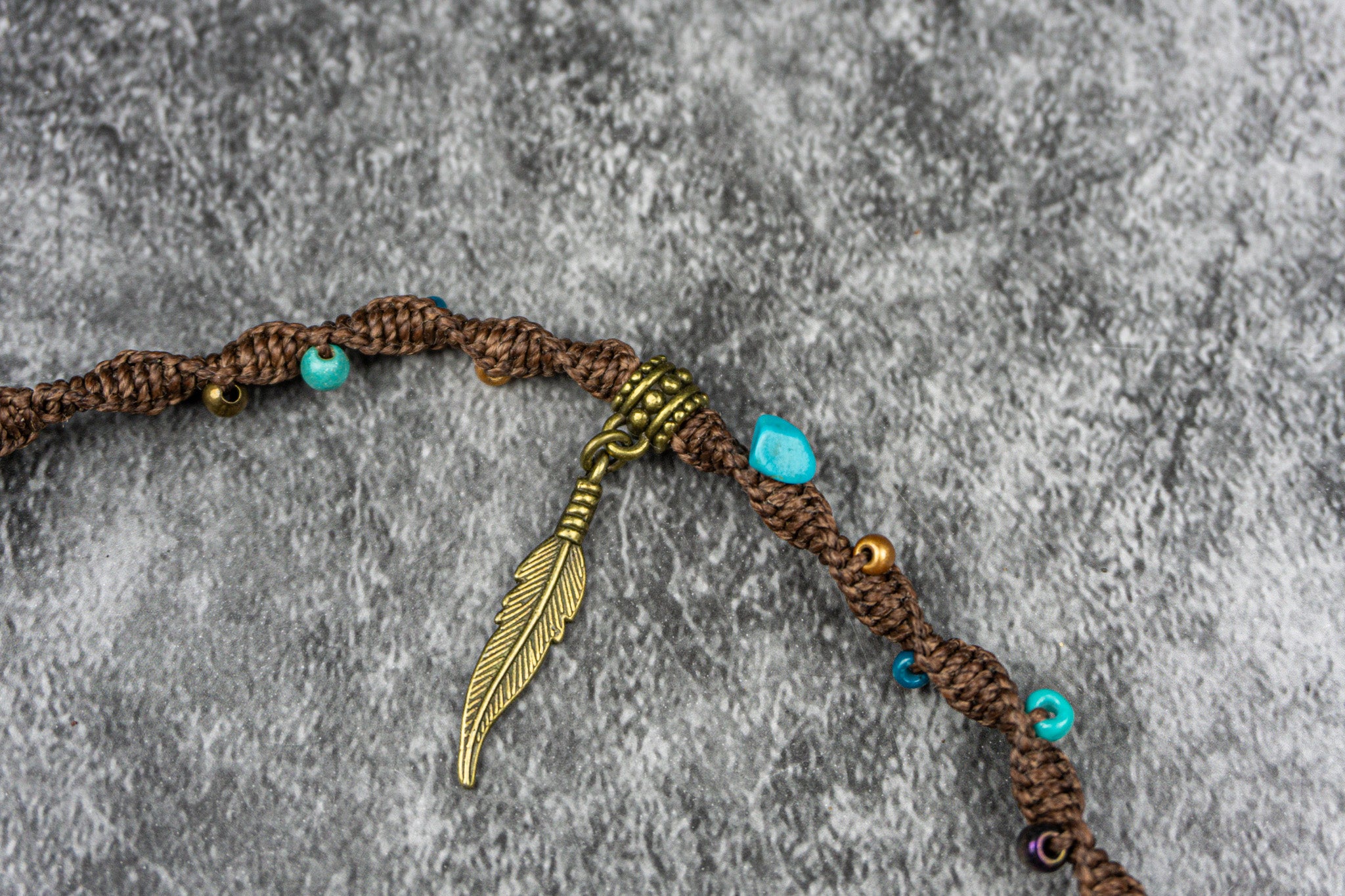 macrame hair wrap with turquoise stones and bronze charms- wanderjewellery