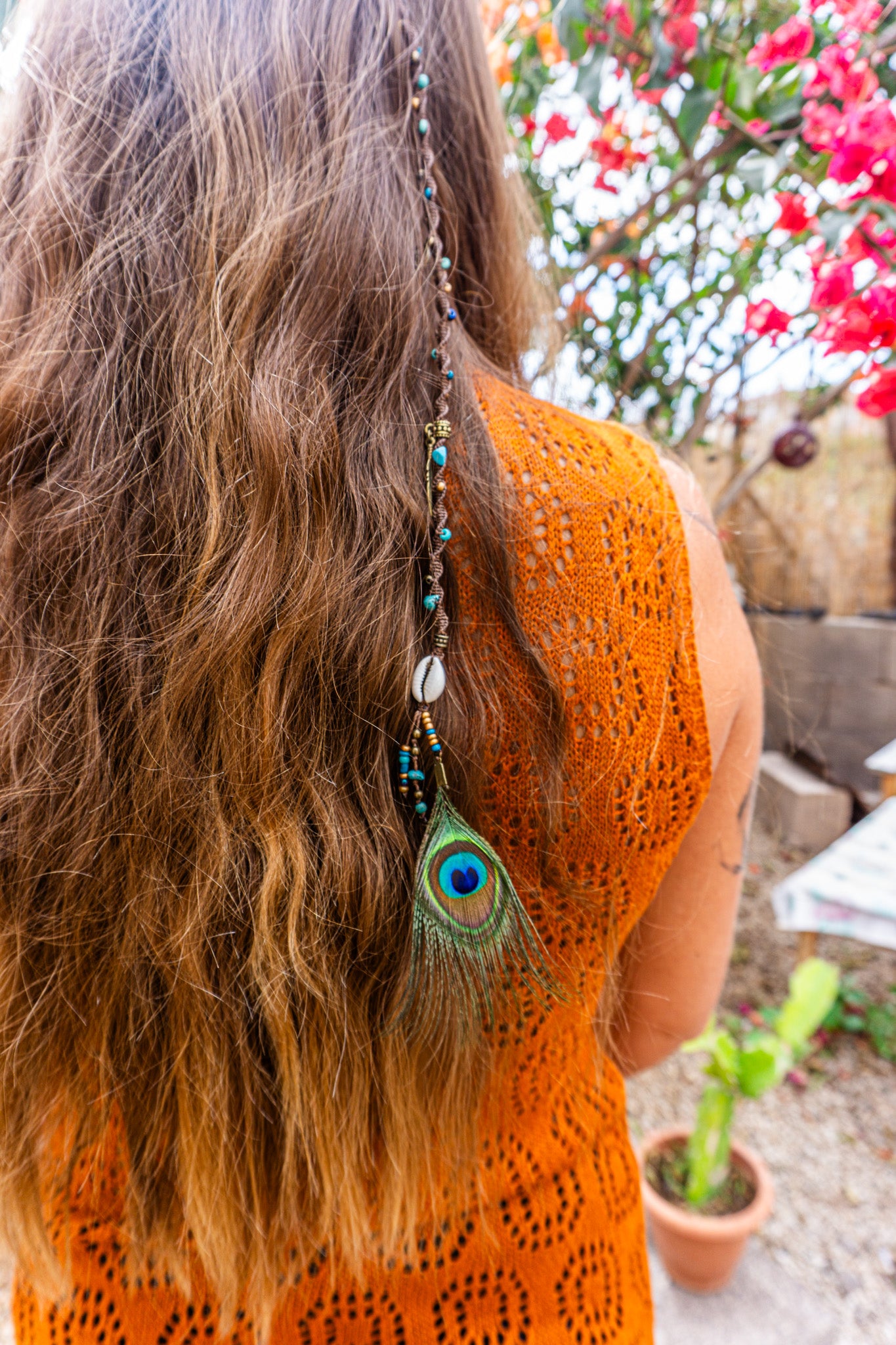 womens brown hairwrap with seashell charms and beads and peacock feather- wanderjewellery