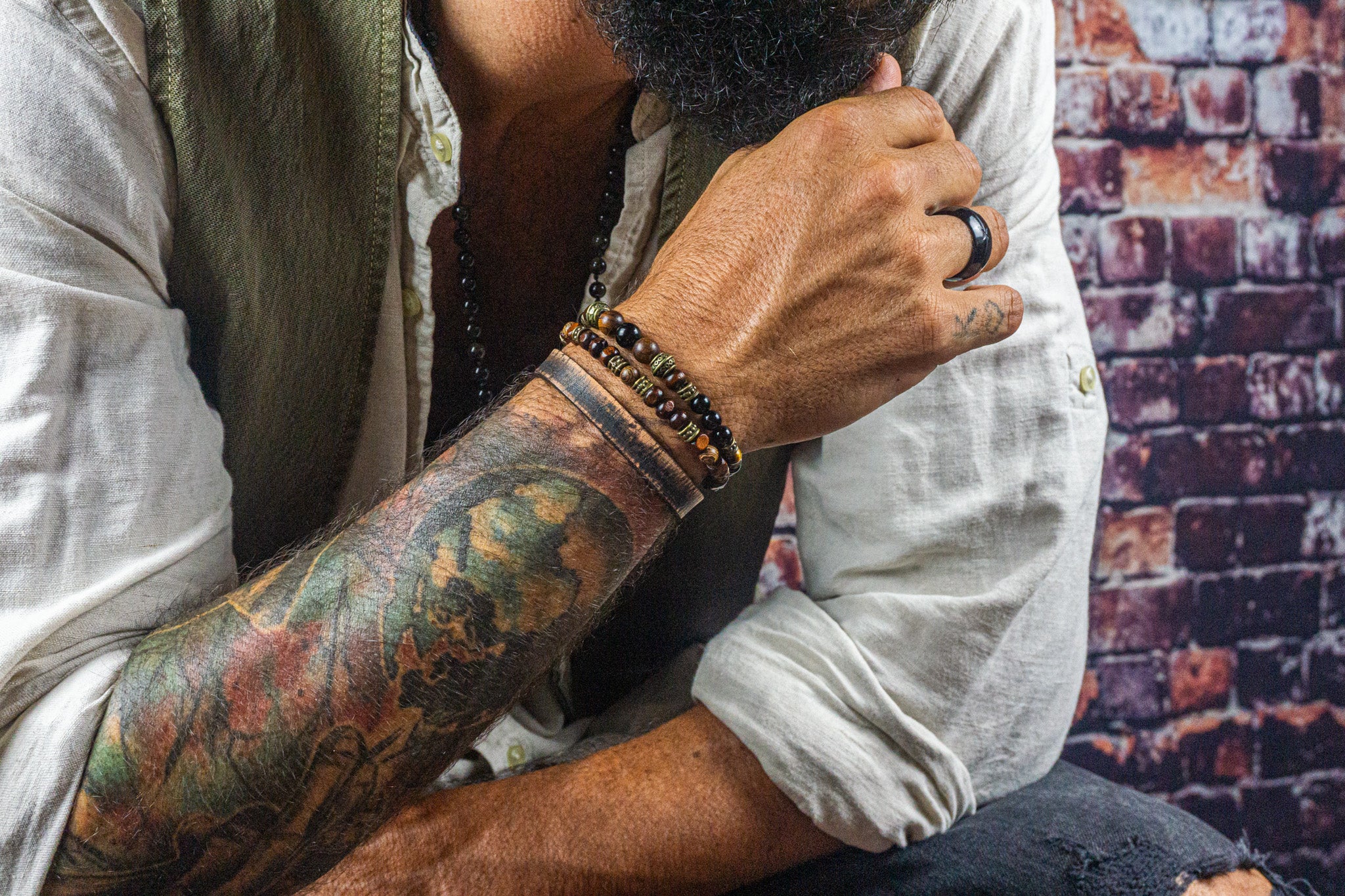 mens matching bracelet set made of black onyx gemstone, wood and vintage leather- wander jewellery