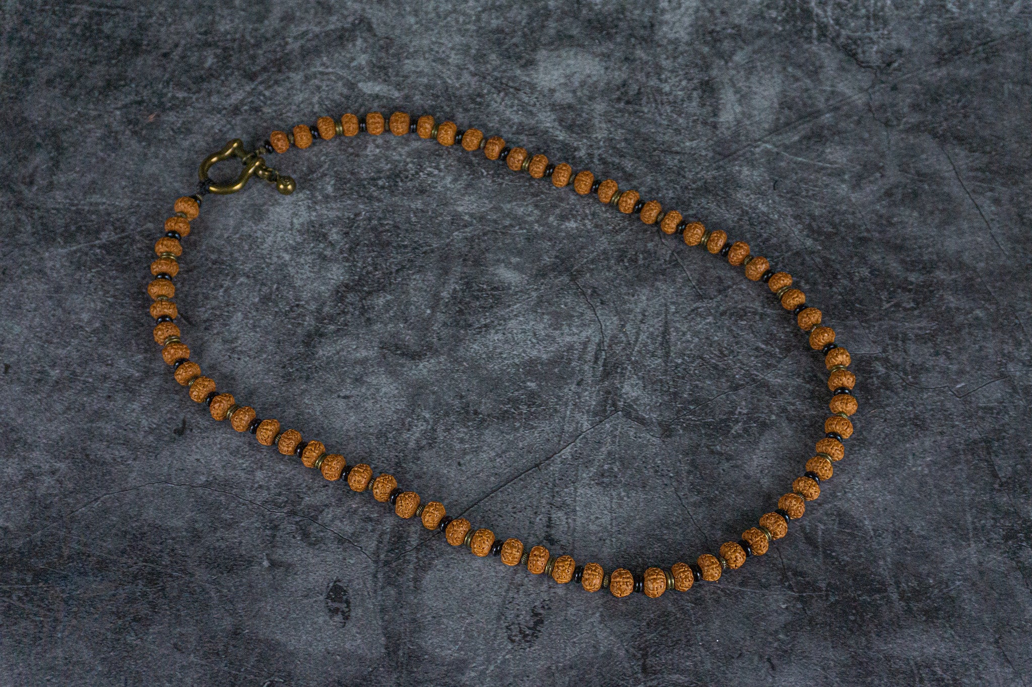 rudraksha seed long tibetan buddhist neklace with brass and onyx- wander jewellery