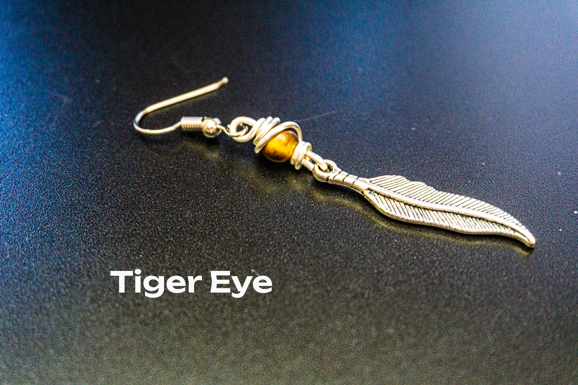silver feather dangle earring with tiger eye gemstone- wander jewellery
