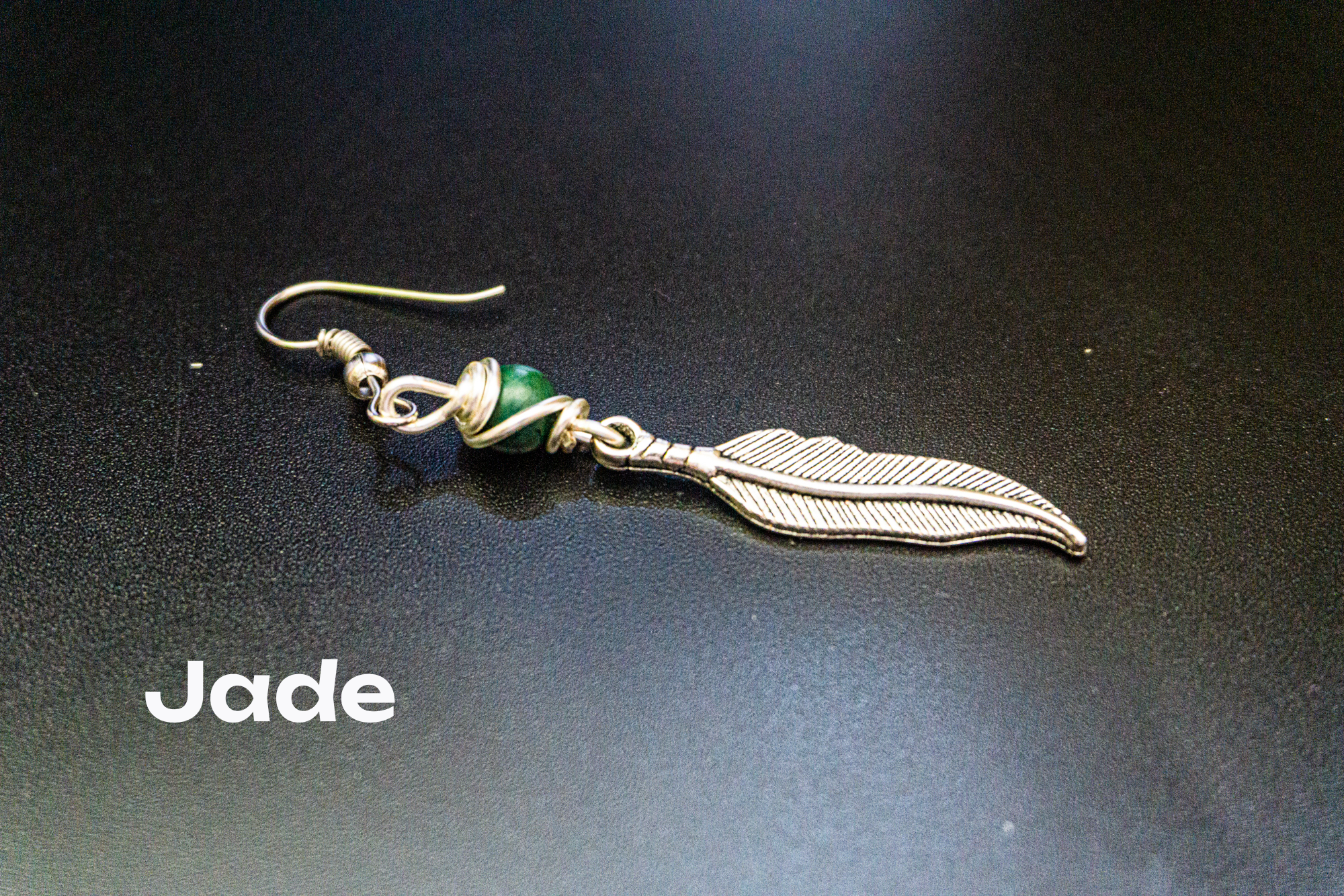 silver feather dangle earring with jade gemstone- wander jewellery