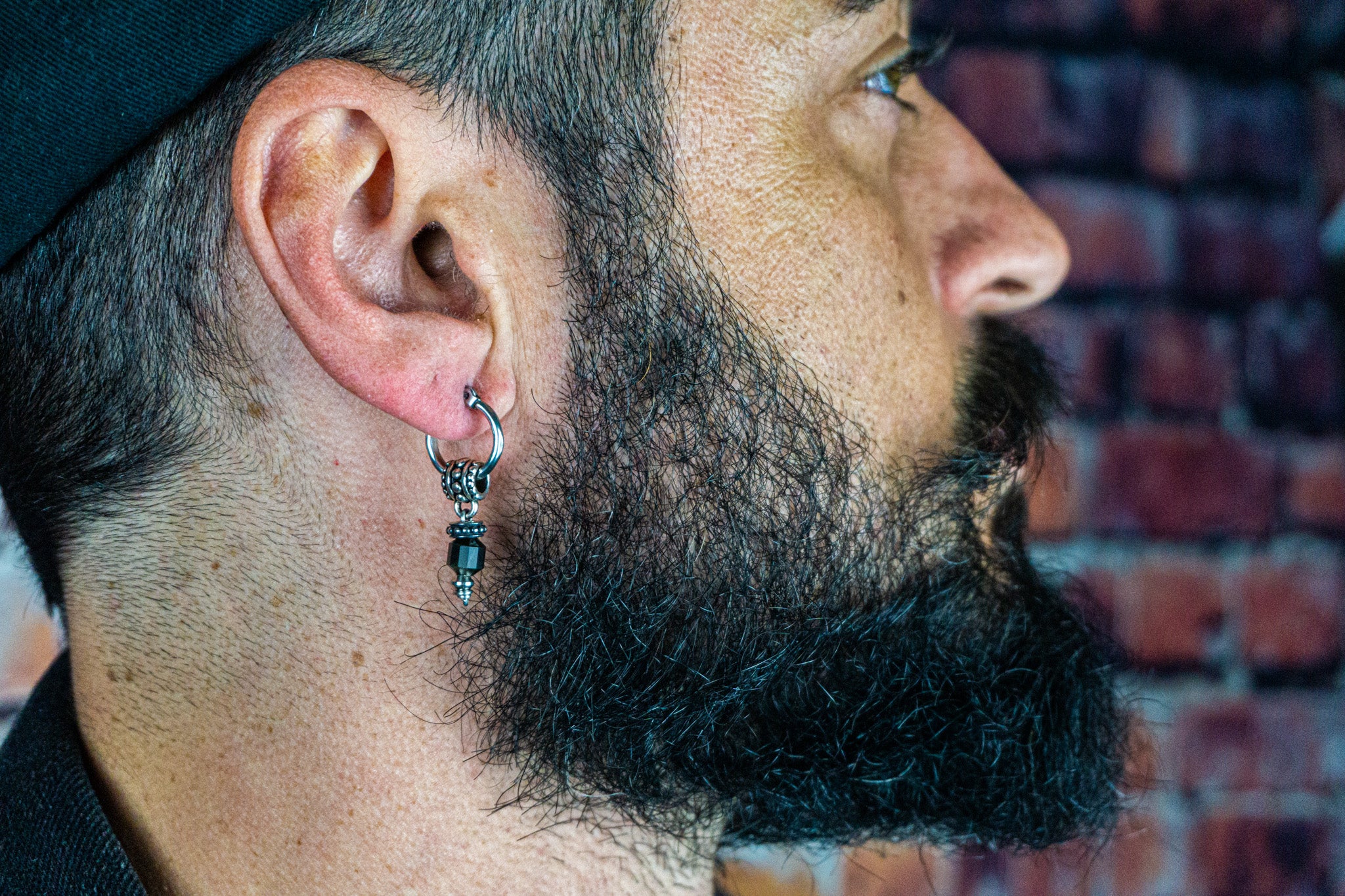mens stainless steel dangle earring with obsidian gemstone- wander jewellery