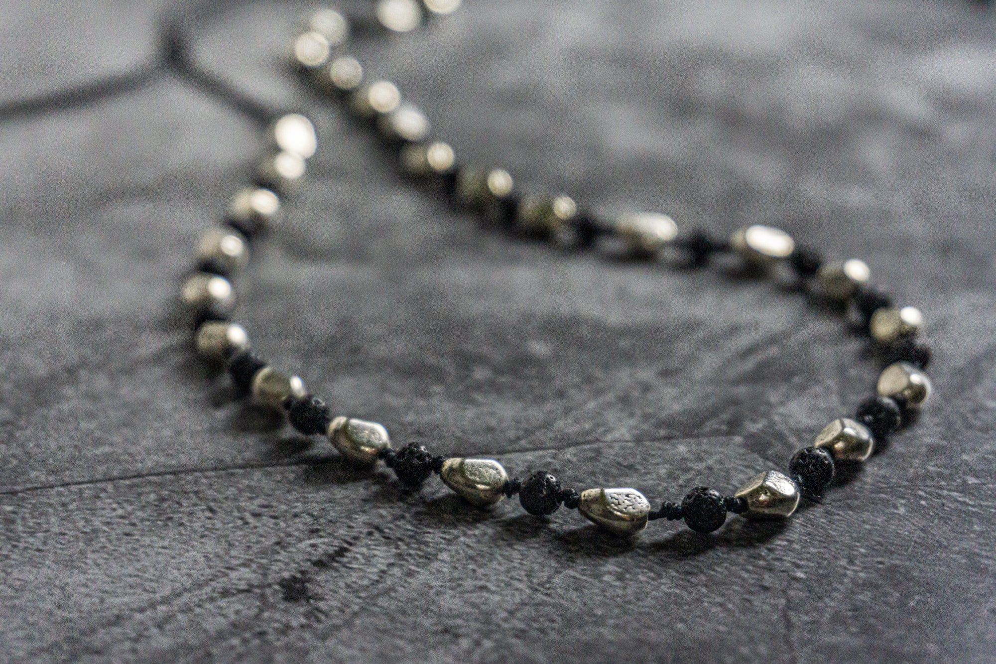 adjustable necklace made of silver nuggets and black lava stone beads- wander jewellery