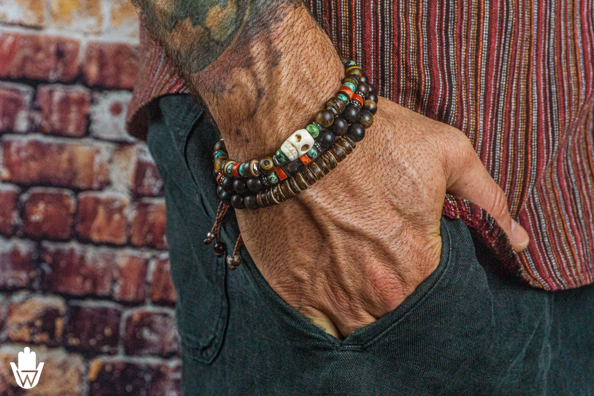 mens beaded bracelet set of 3 made of ebony wood, coconut, gemstones, with a skull as central piece- wander jewellery