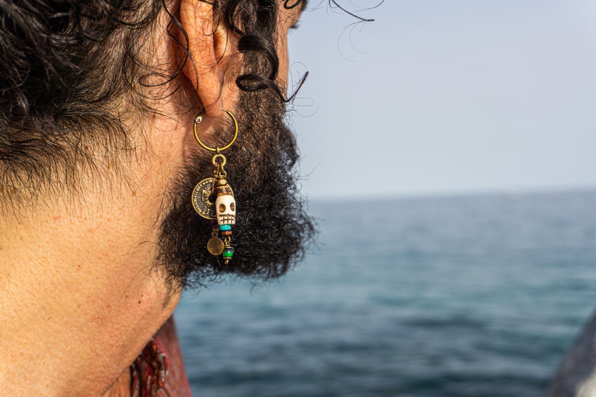 mens hoop pirate dangle earring with ancient coin and skull charm- jwander jewellery