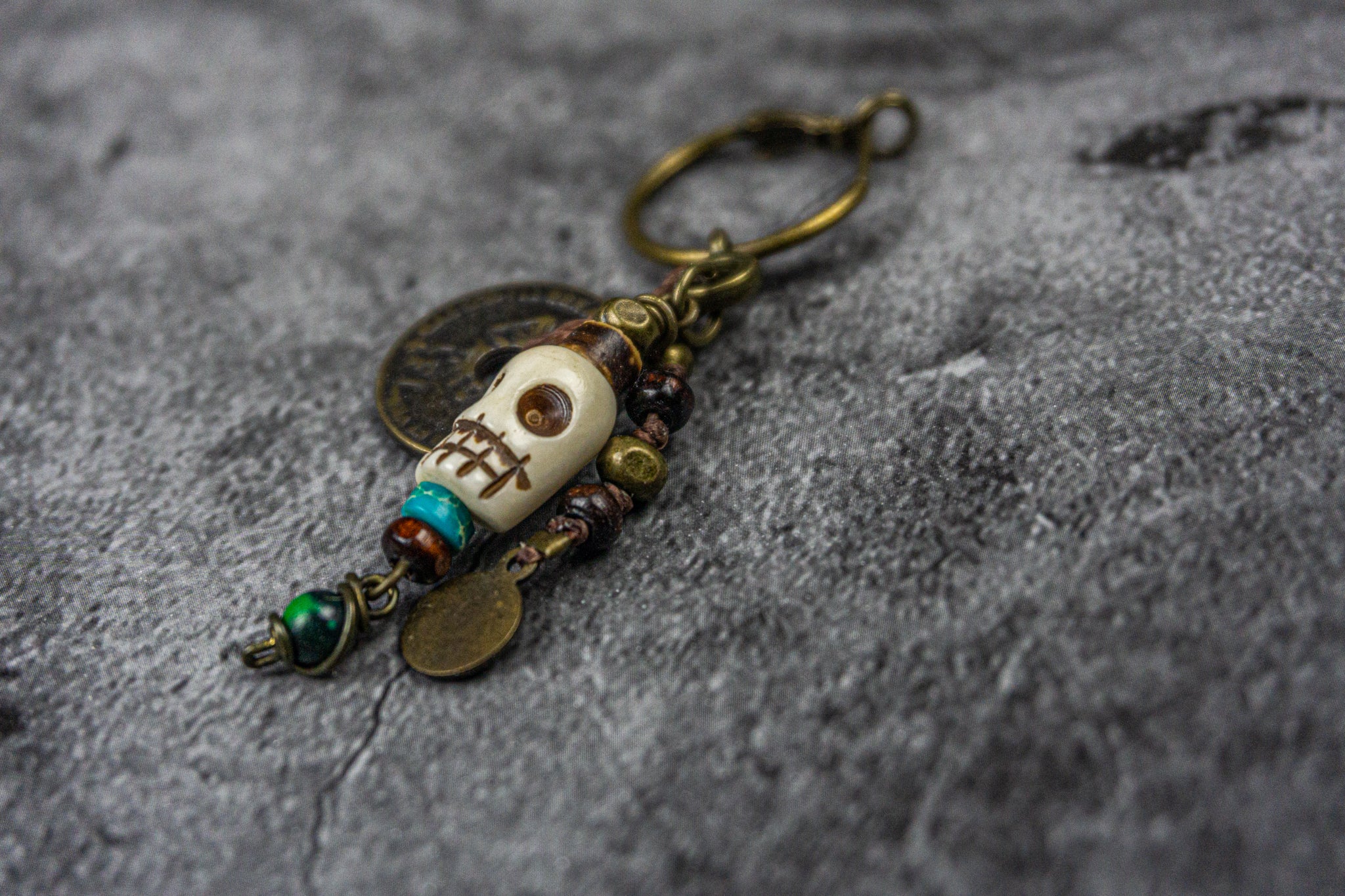 pirate dangle earring with ancient coin and skull charm- jwander jewellery