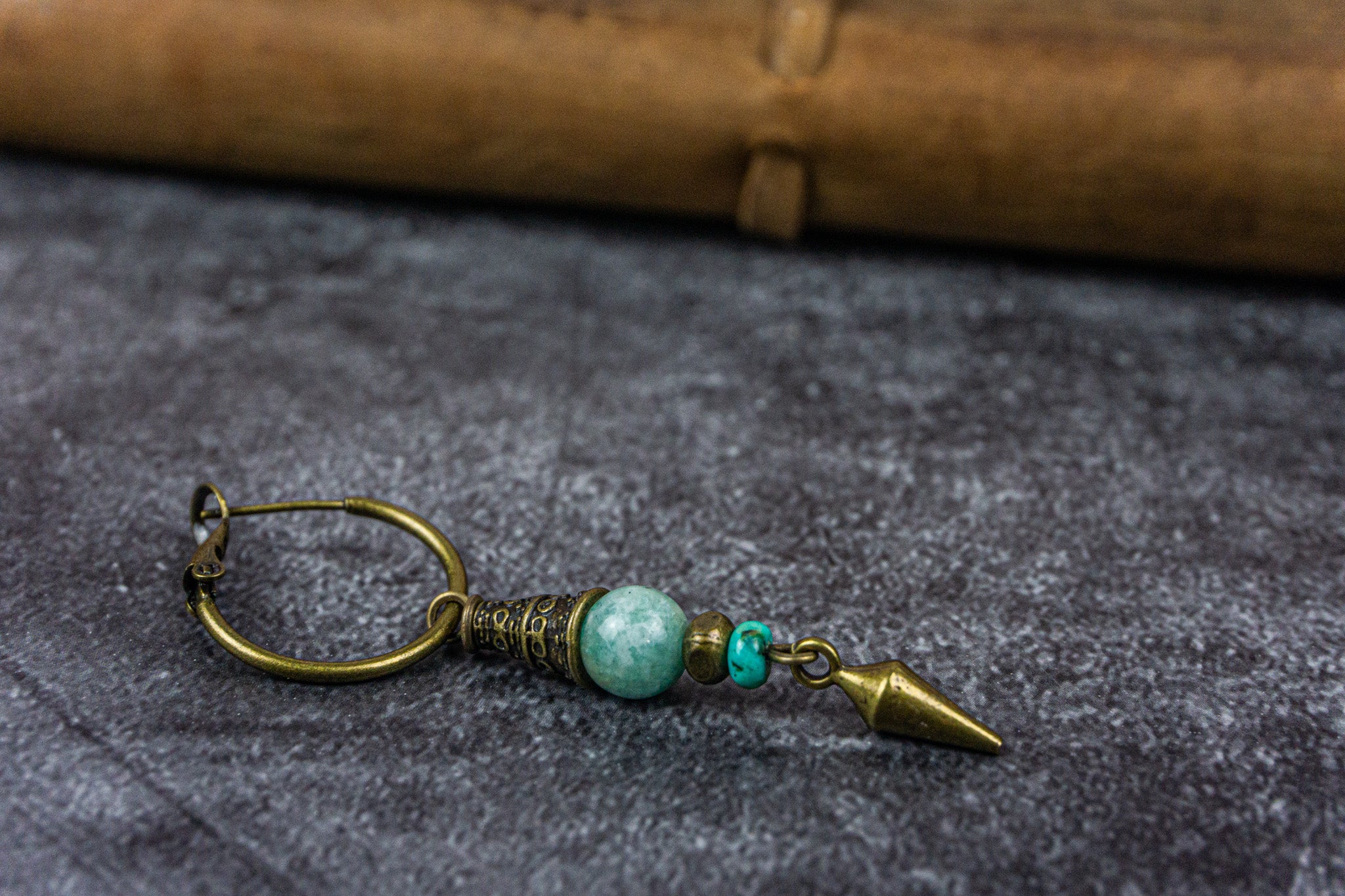 Dangling hoop earring with natural amazonite and brass charm- wander jewellery