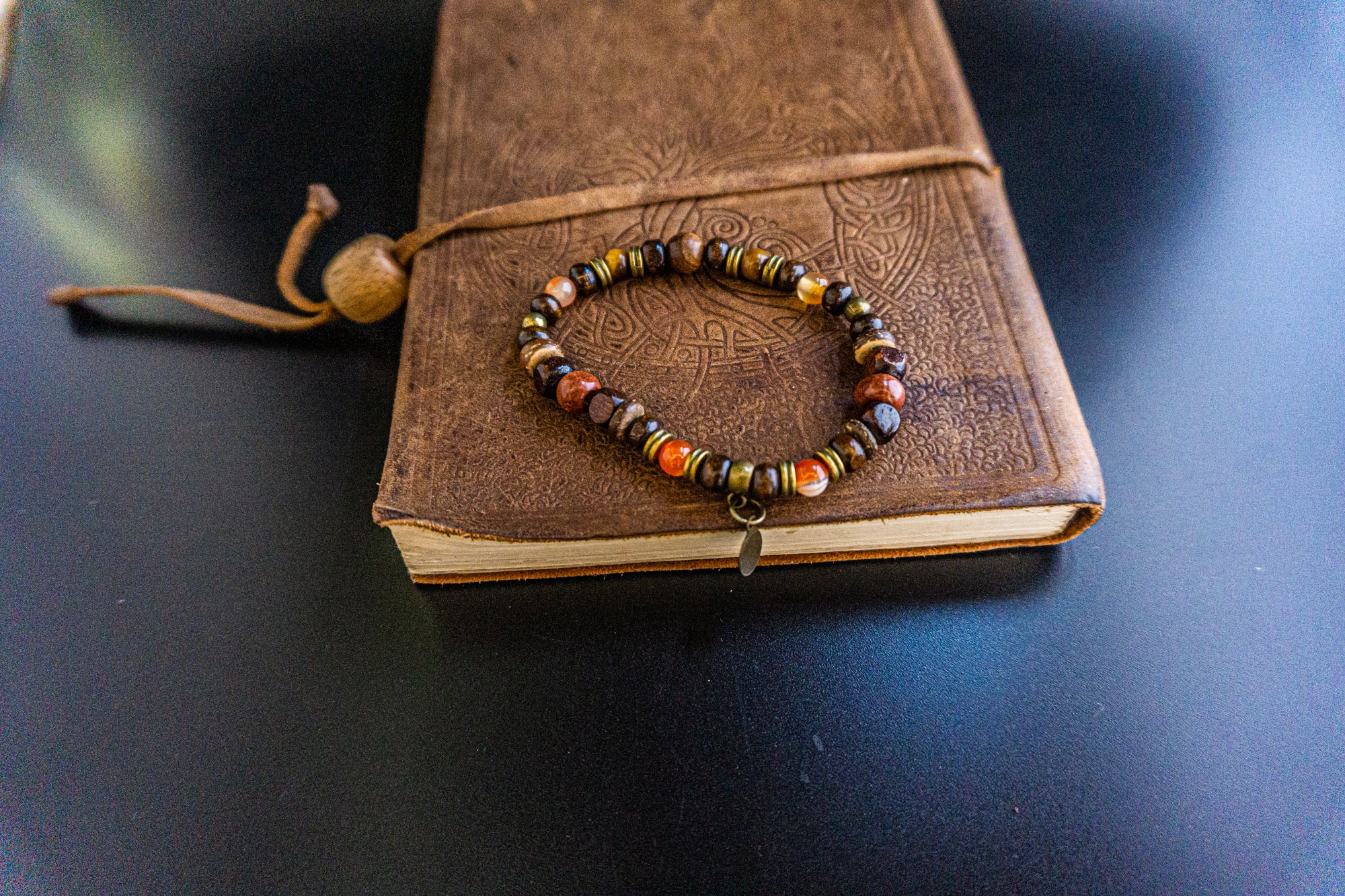 surfer bracelet with wood and gemstone beads- wander jewellery