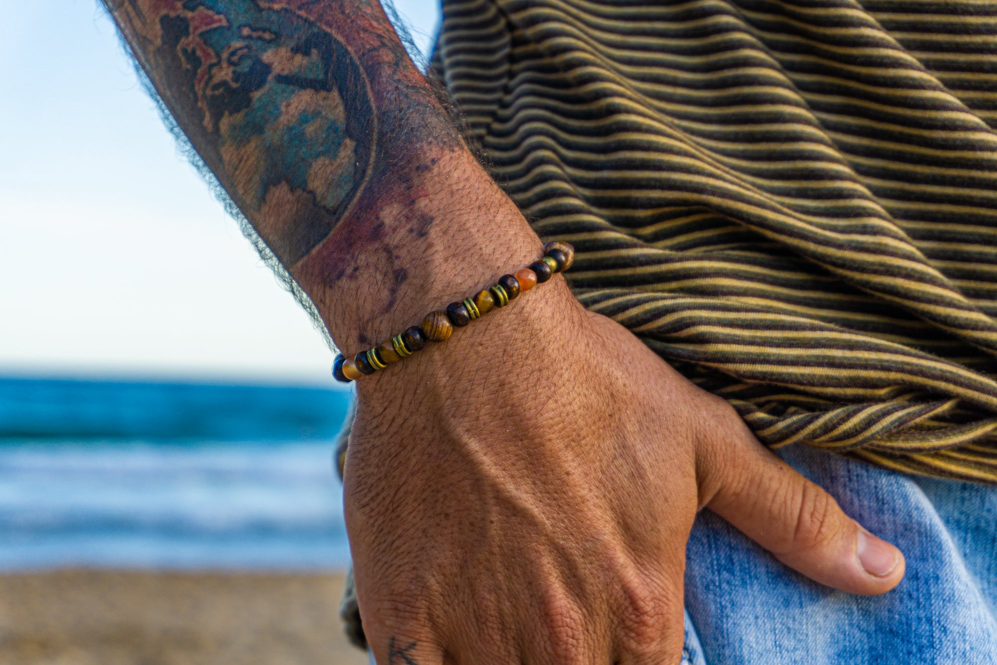 mens surfer bracelet with wood and gemstone beads- wander jewellery