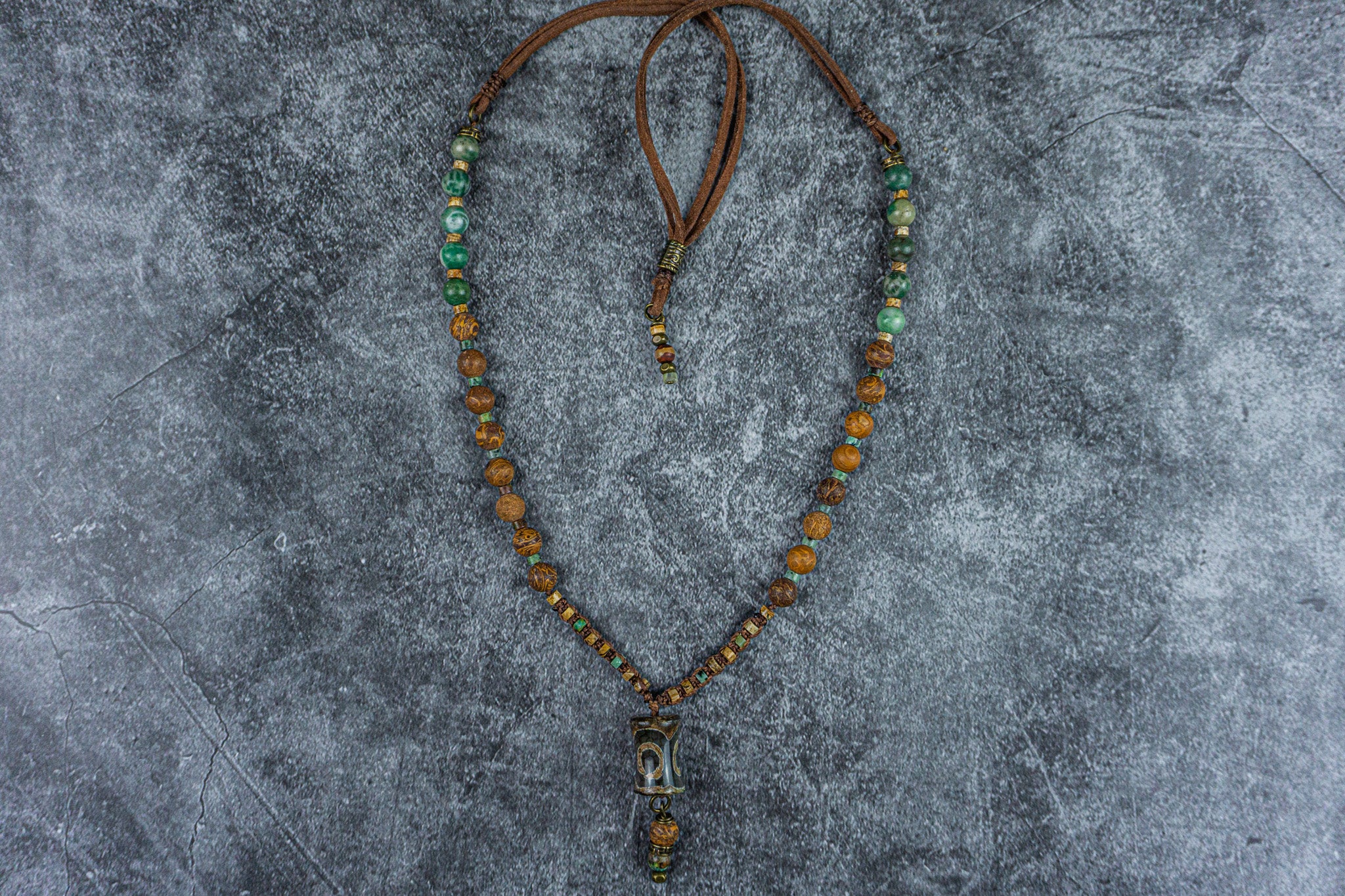 gemstone bead necklace made of jade, jasper and a third eye tibetan agate pendant- wander jewellery